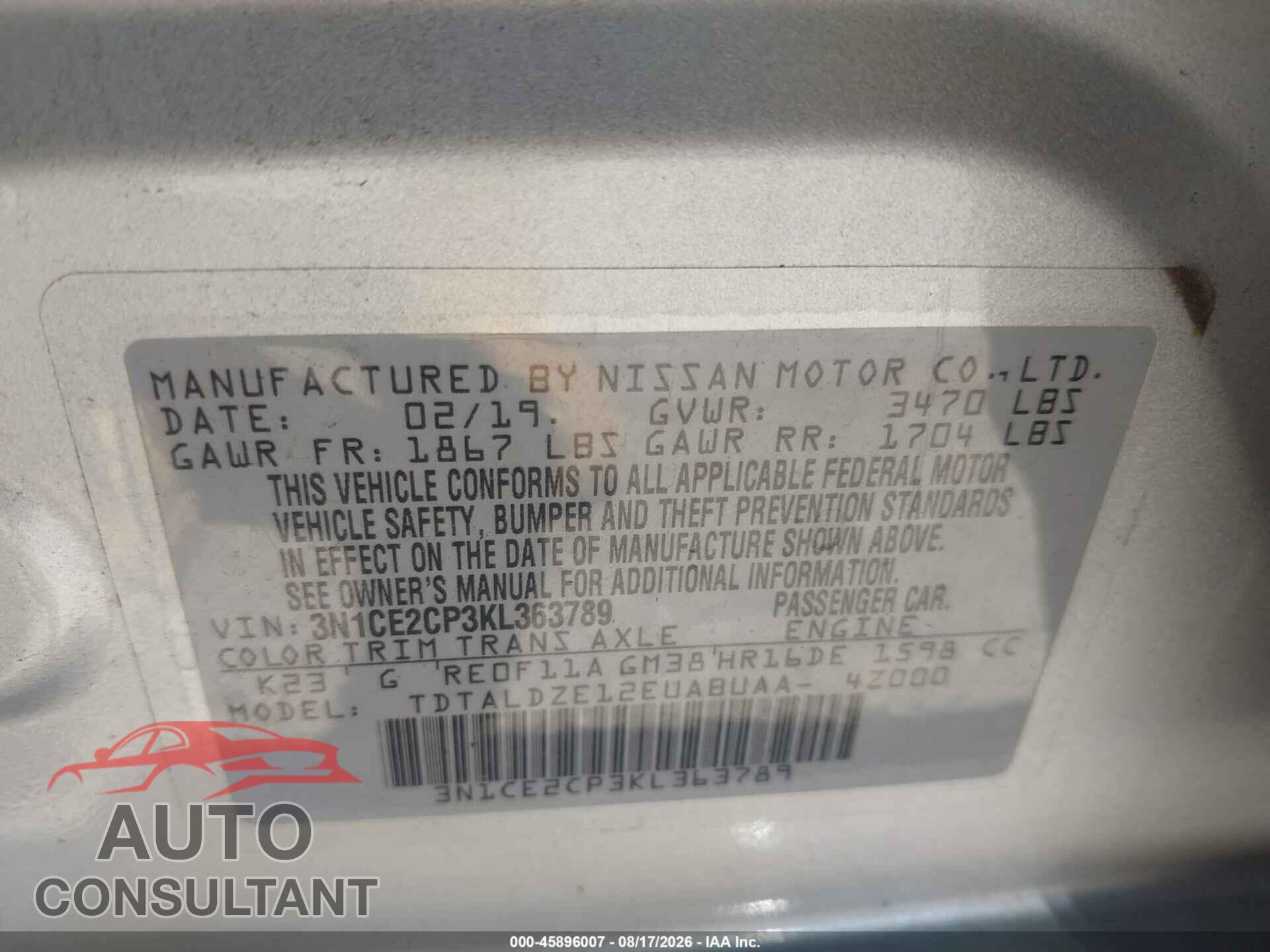 NISSAN VERSA NOTE 2019 - 3N1CE2CP3KL363789