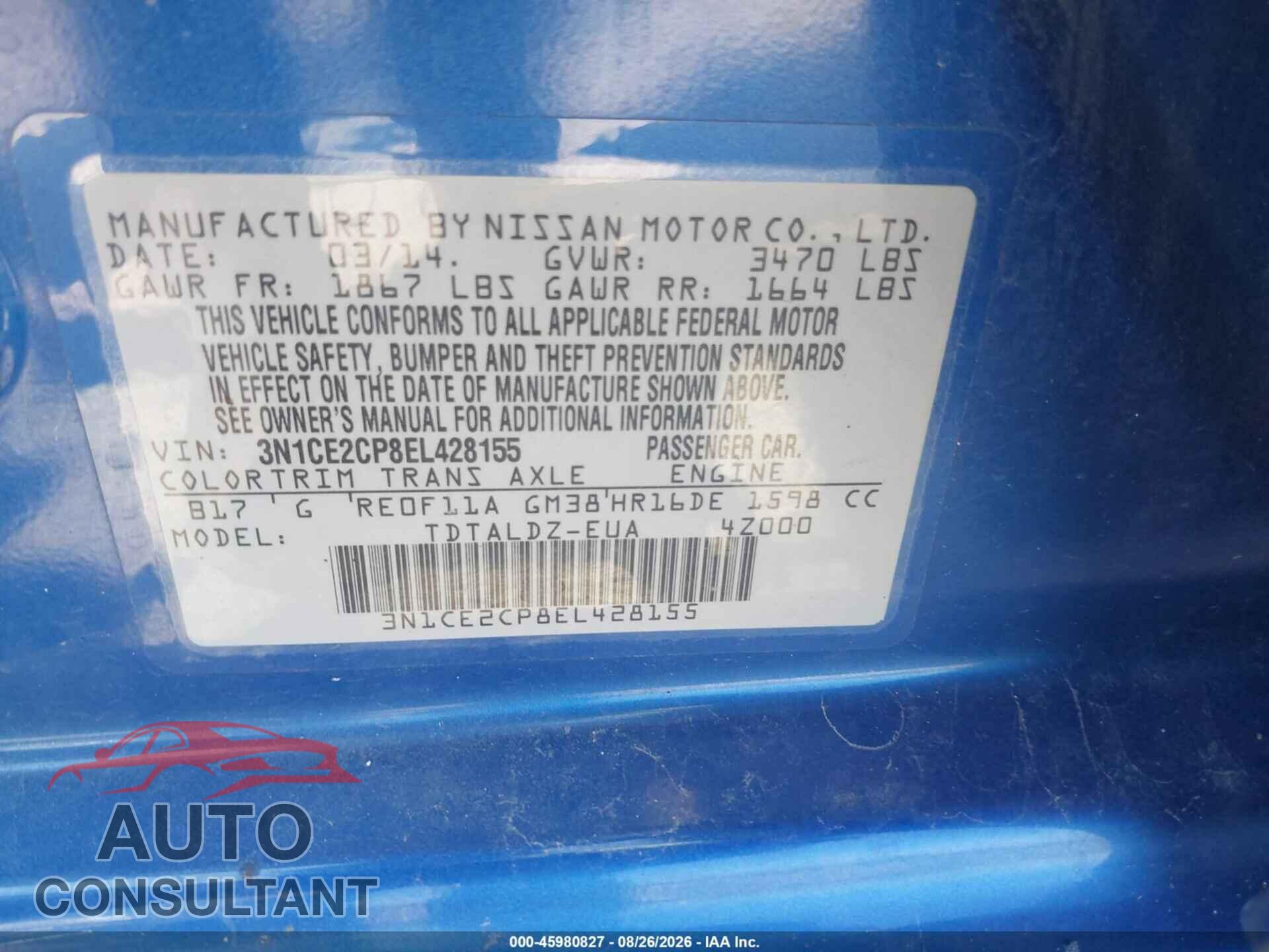NISSAN VERSA NOTE 2014 - 3N1CE2CP8EL428155