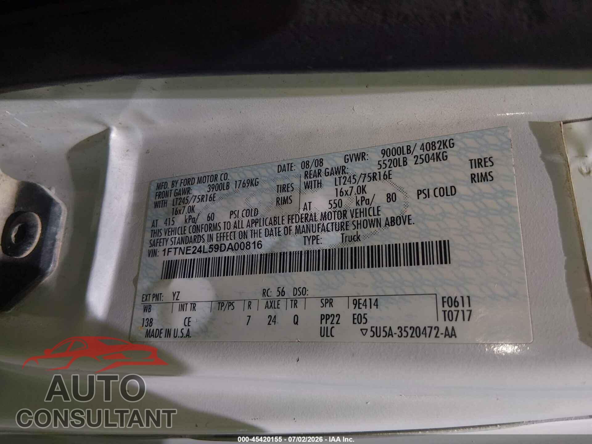 FORD E-250 2009 - 1FTNE24L59DA00816