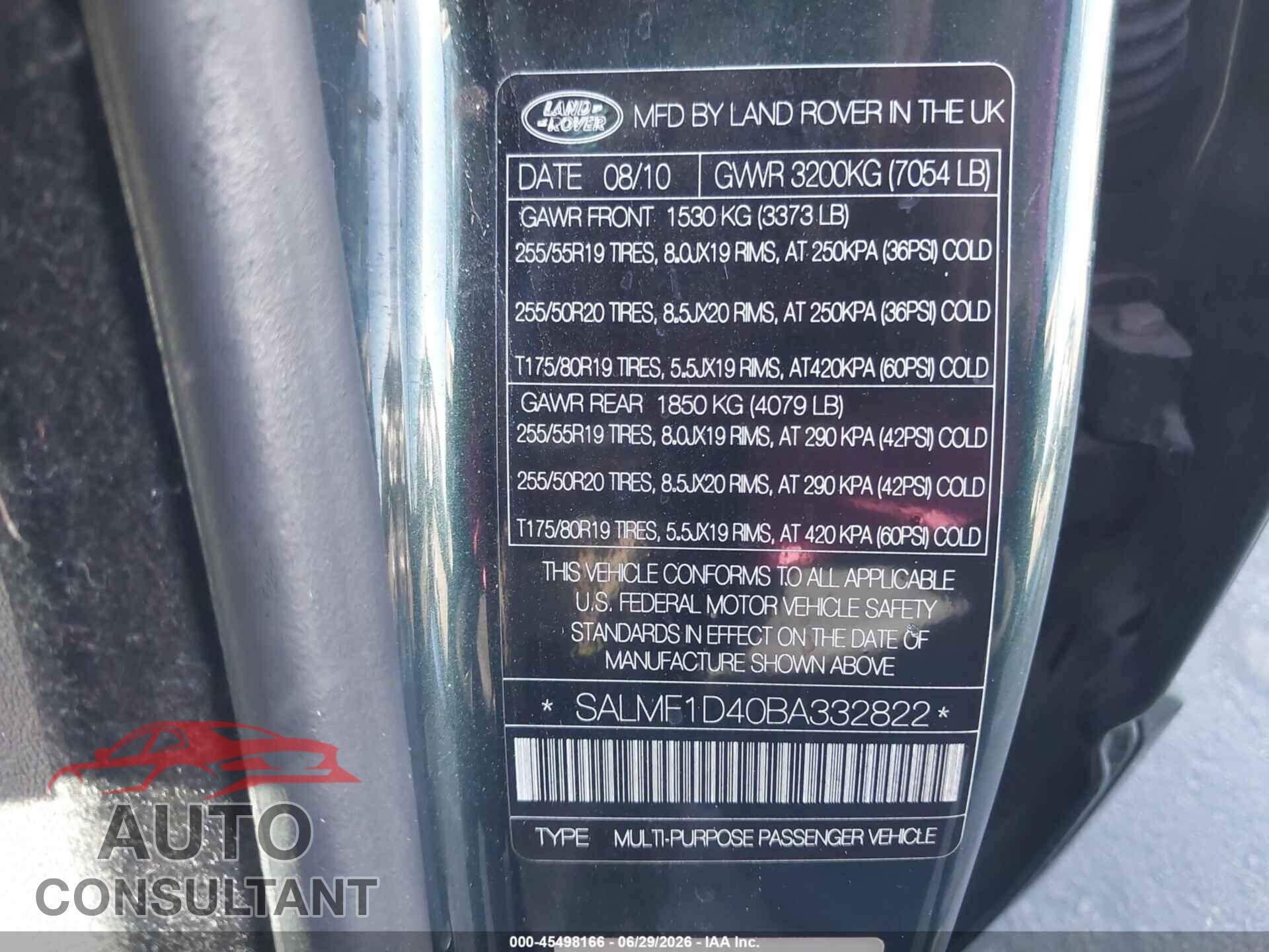LAND ROVER RANGE ROVER 2011 - SALMF1D40BA332822