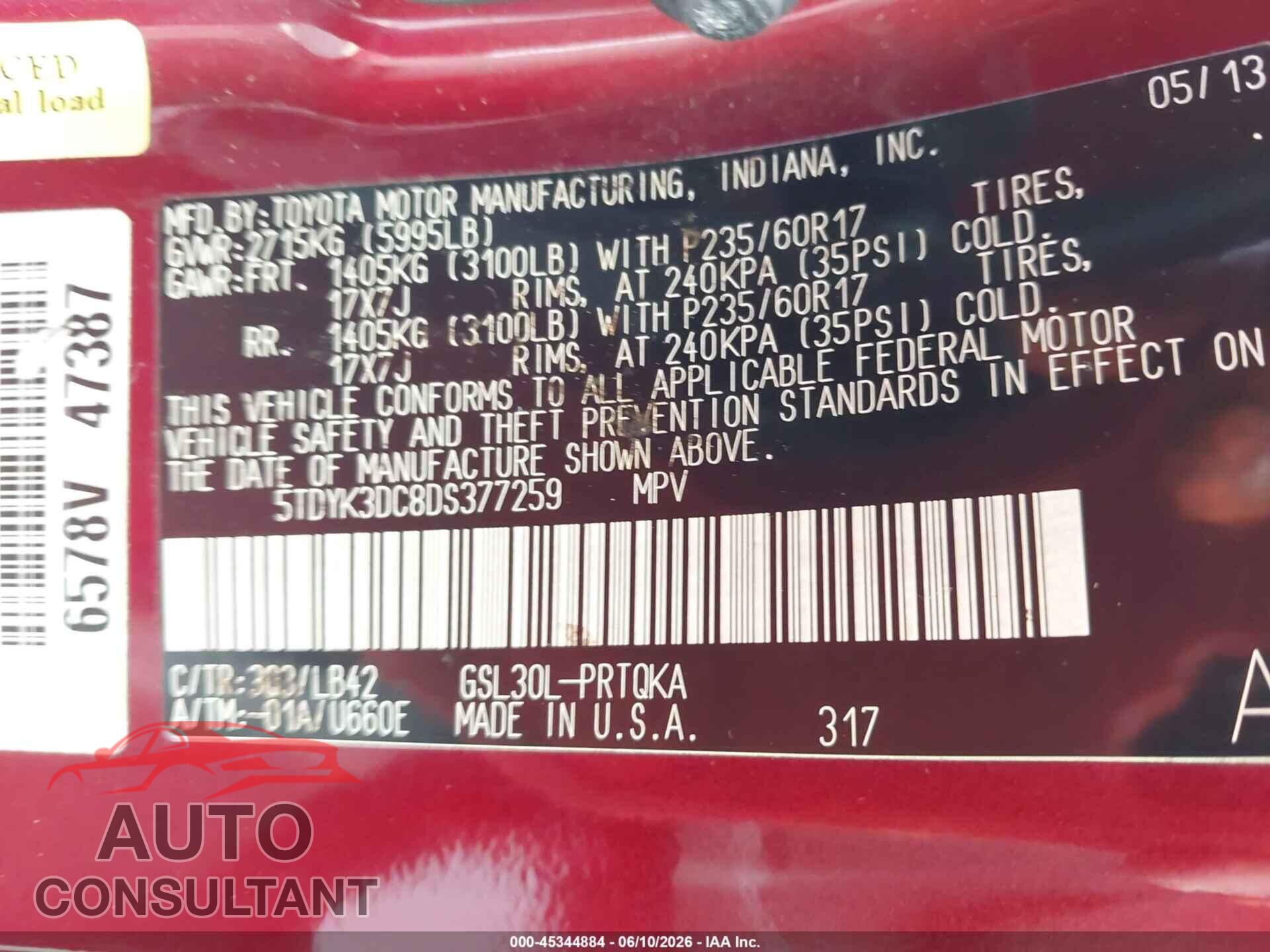 TOYOTA SIENNA 2013 - 5TDYK3DC8DS377259