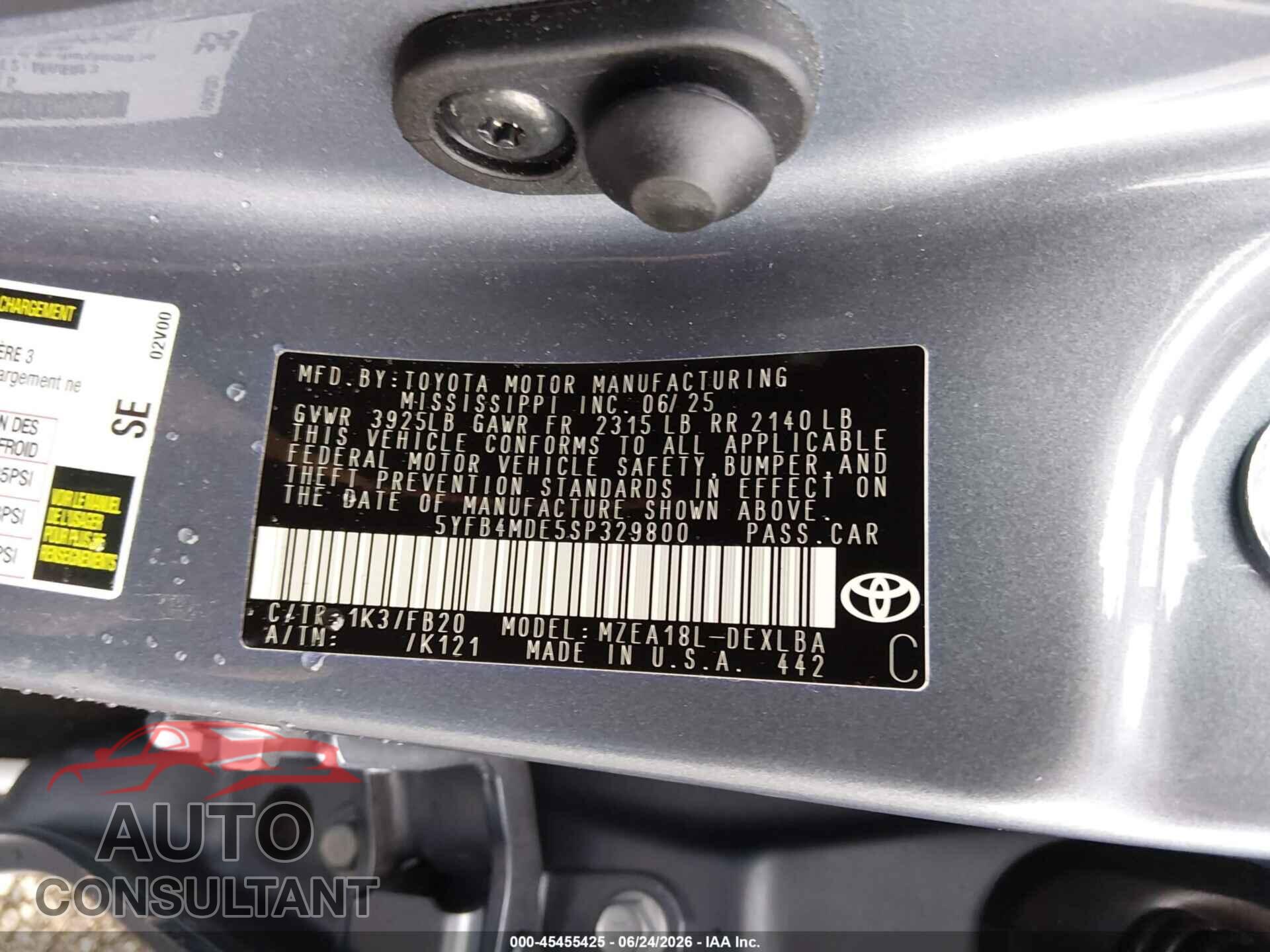 TOYOTA COROLLA 2025 - 5YFB4MDE5SP329800