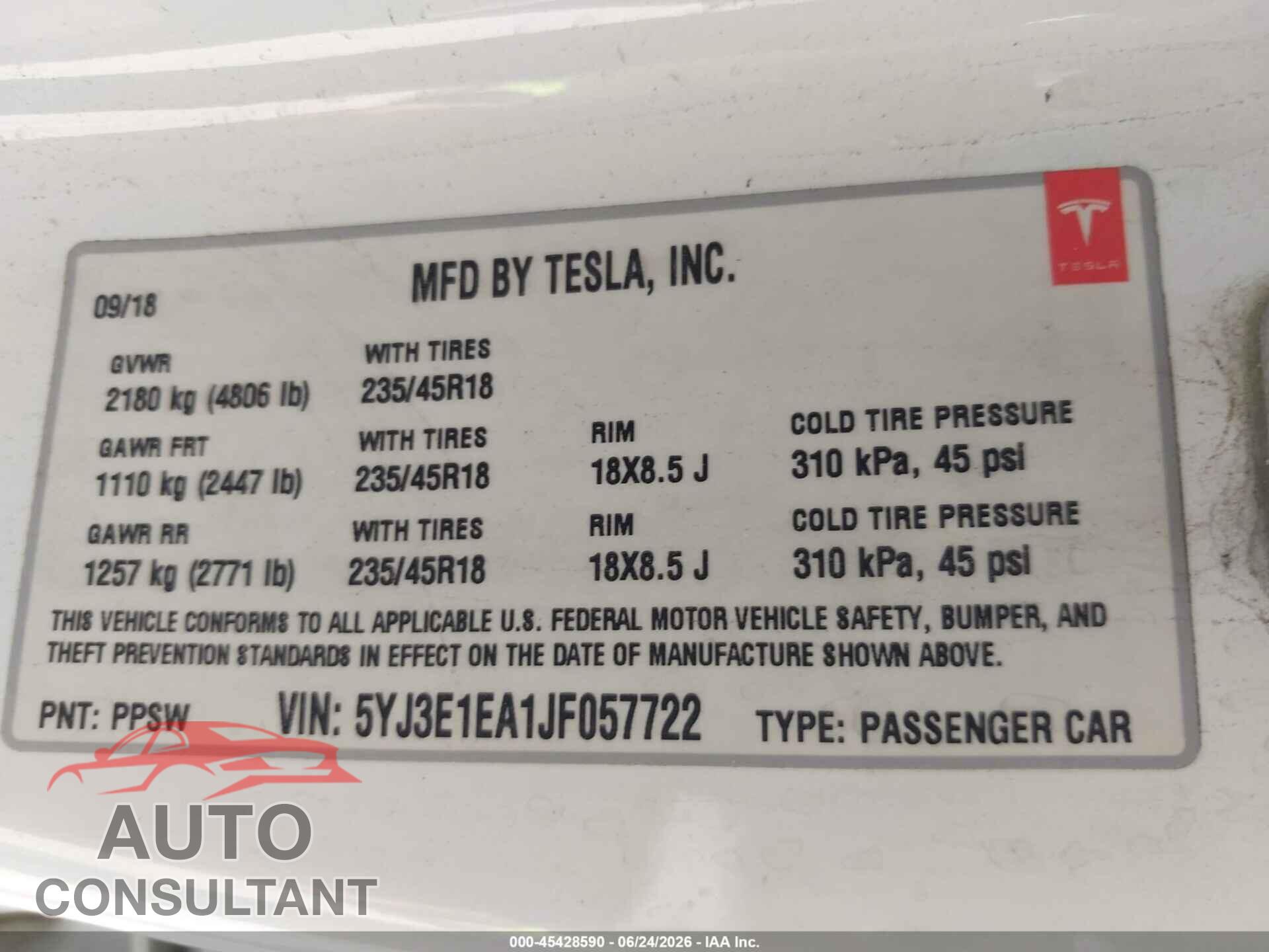 TESLA MODEL 3 2018 - 5YJ3E1EA1JF057722