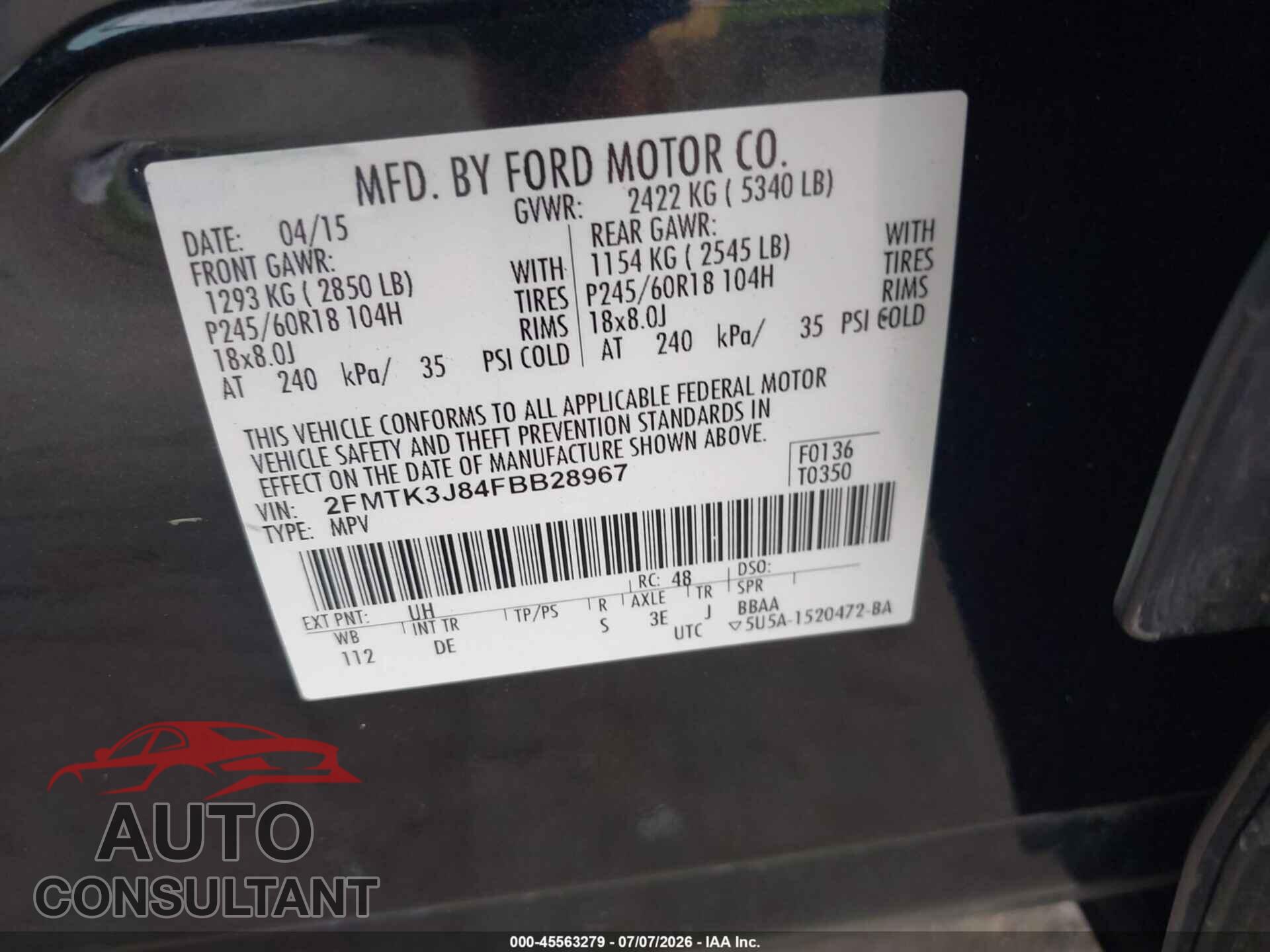 FORD EDGE 2015 - 2FMTK3J84FBB28967