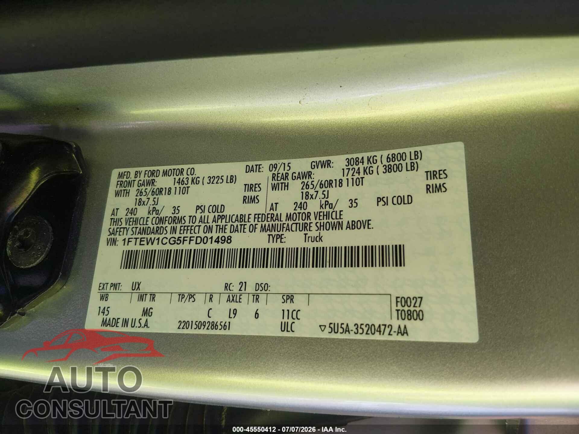 FORD F-150 2015 - 1FTEW1CG5FFD01498