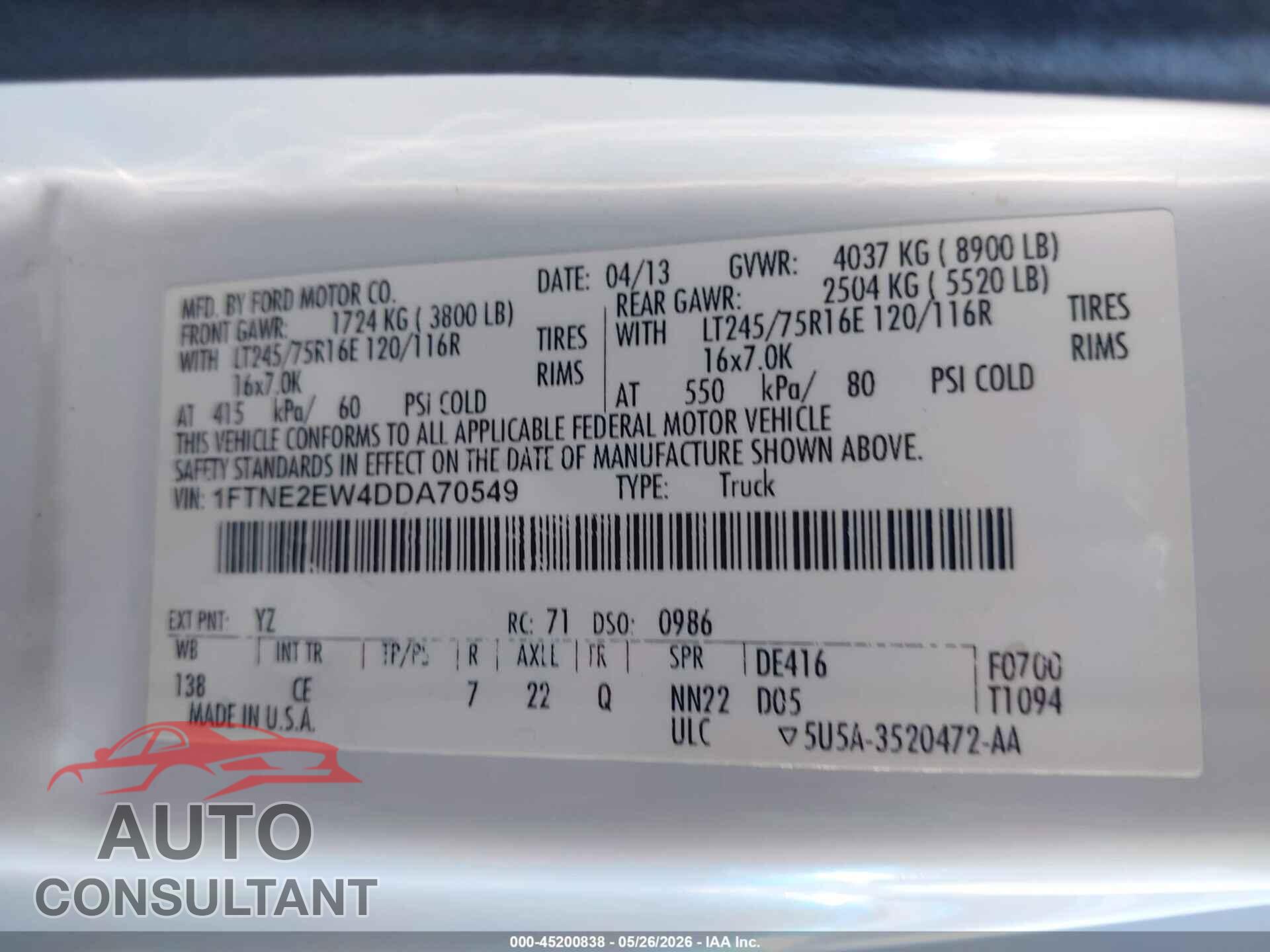FORD E-250 2013 - 1FTNE2EW4DDA70549