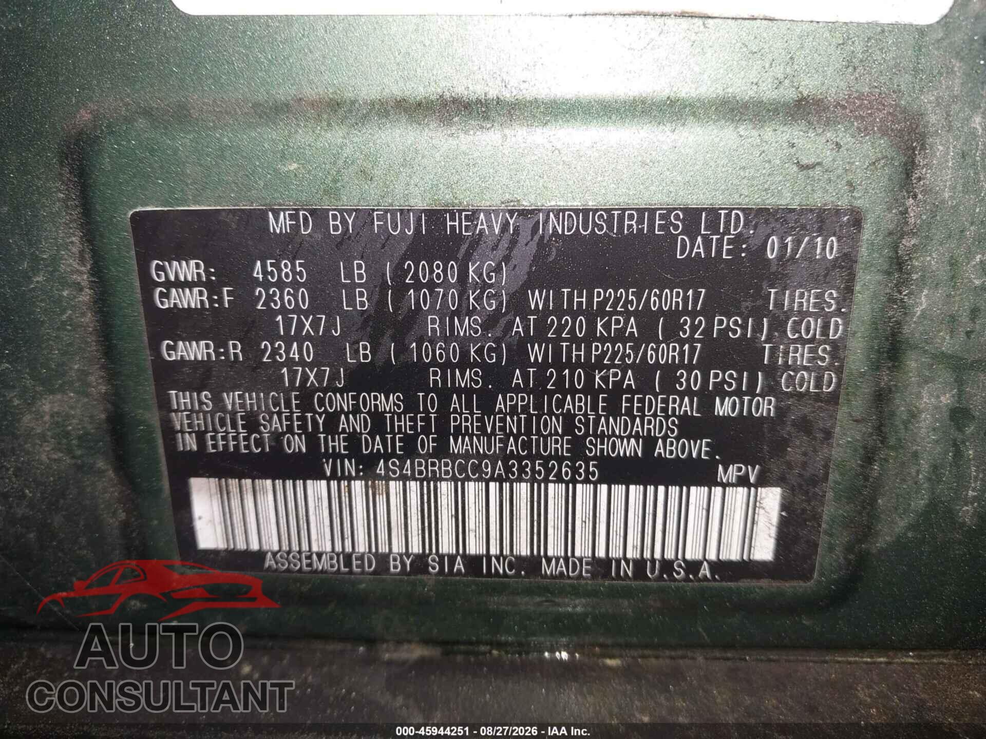 SUBARU OUTBACK 2010 - 4S4BRBCC9A3352635