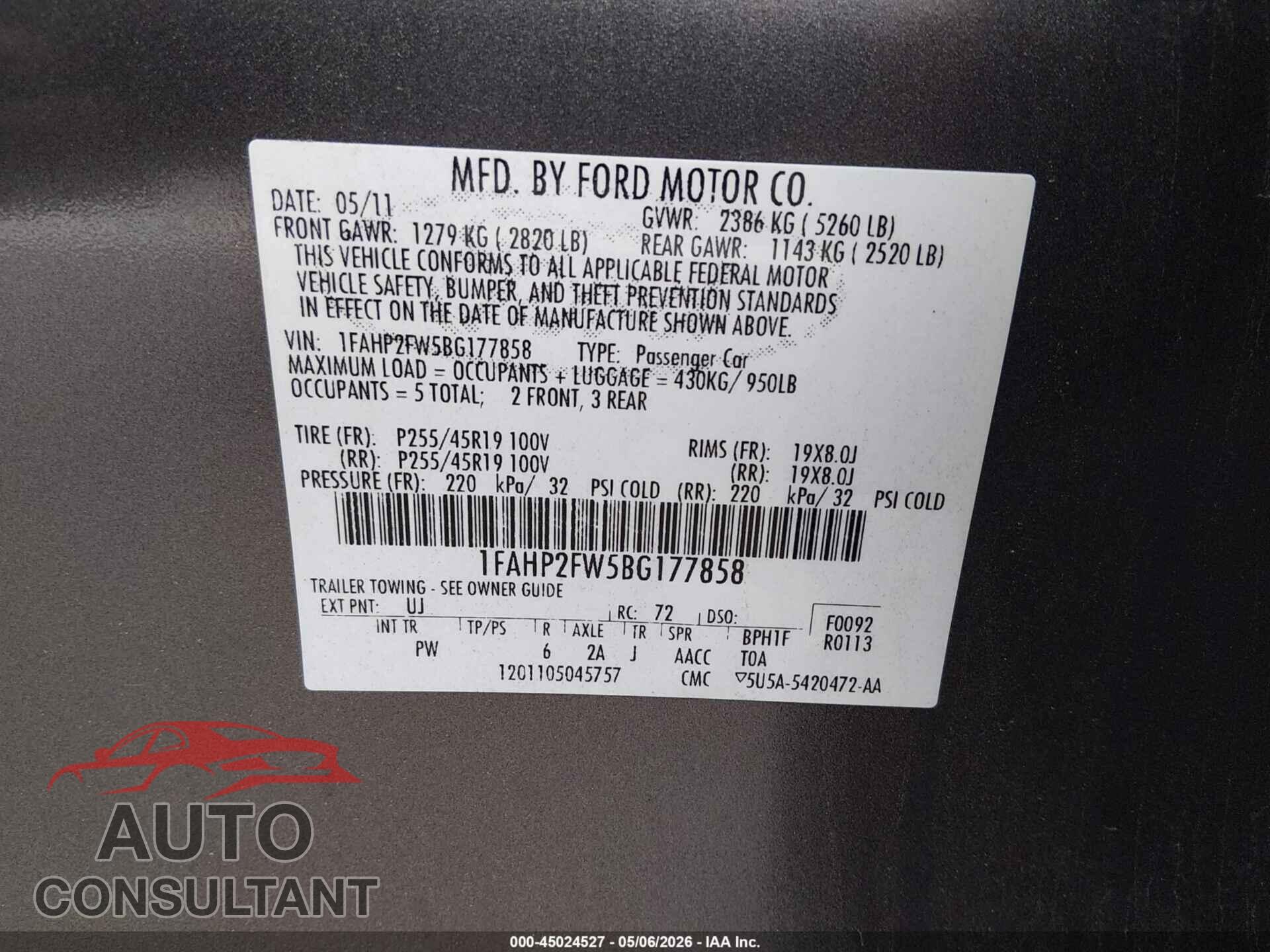 FORD TAURUS 2011 - 1FAHP2FW5BG177858