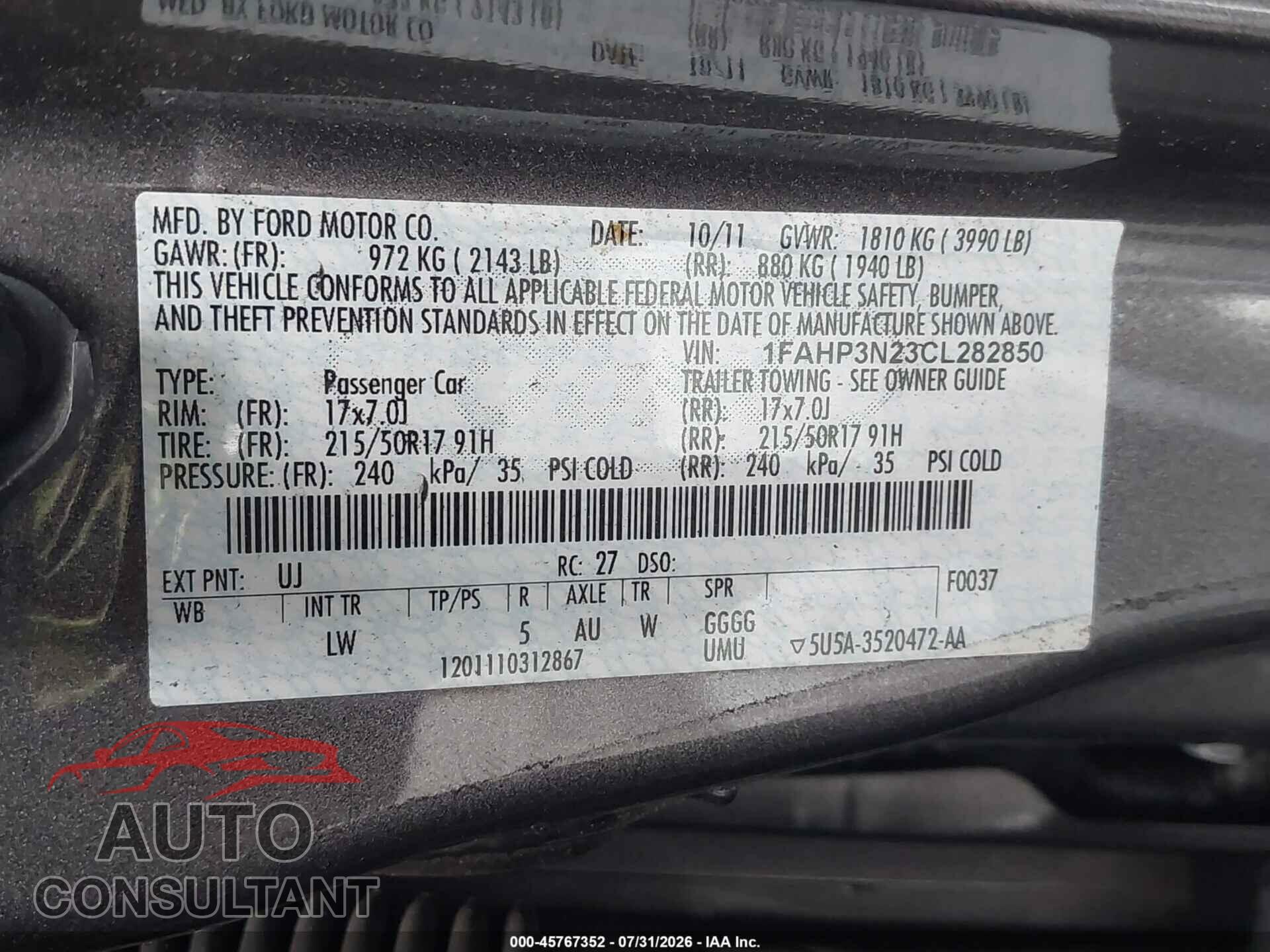 FORD FOCUS 2012 - 1FAHP3N23CL282850