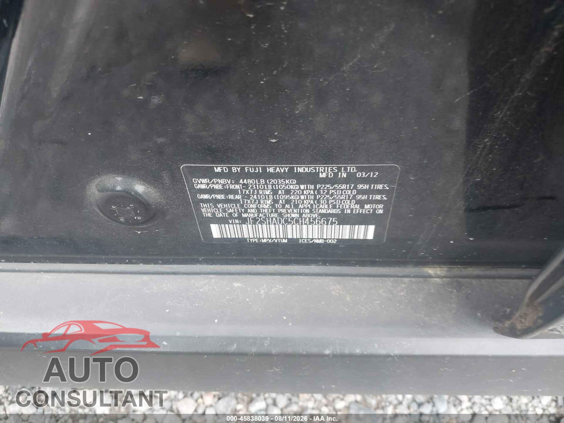 SUBARU FORESTER 2012 - JF2SHADC5CH456675