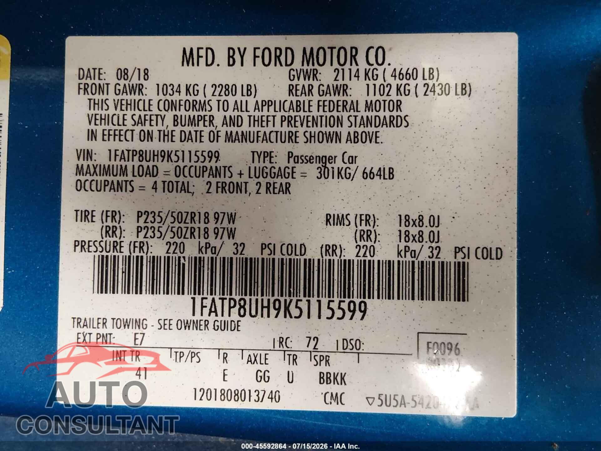 FORD MUSTANG 2019 - 1FATP8UH9K5115599