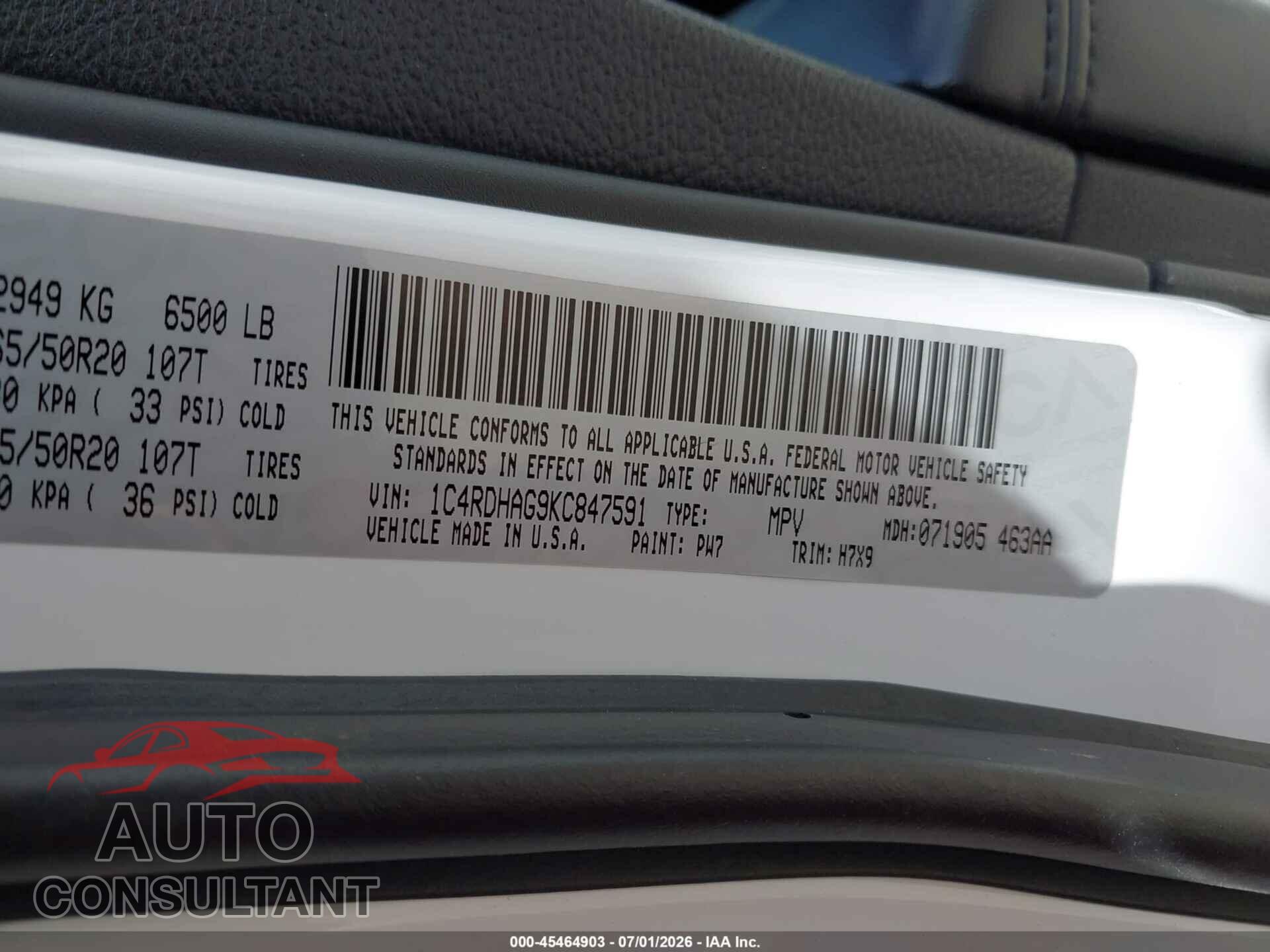 DODGE DURANGO 2019 - 1C4RDHAG9KC847591
