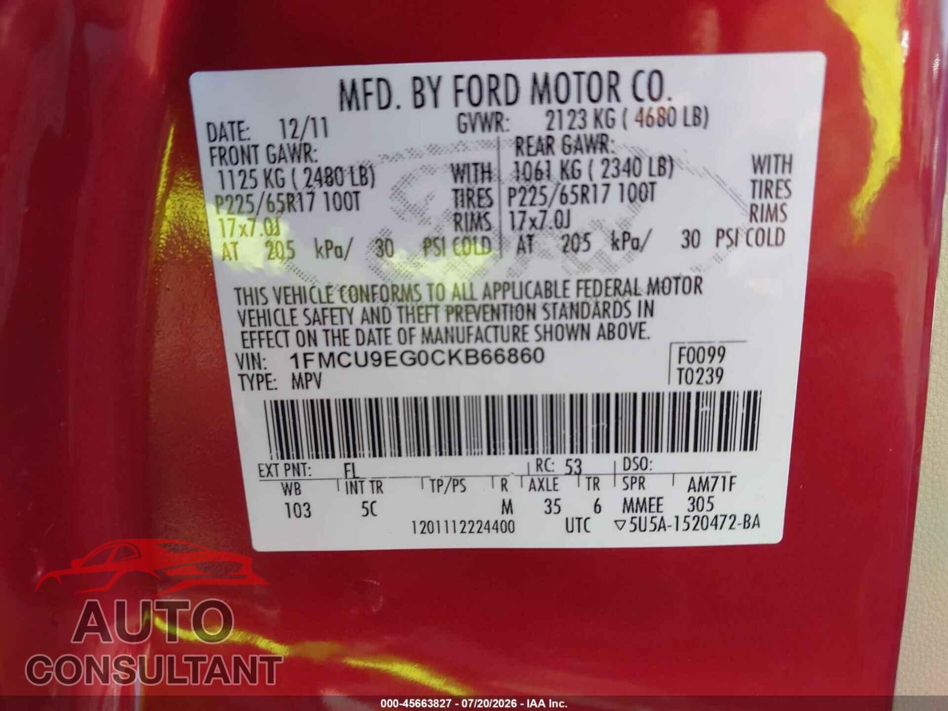 FORD ESCAPE 2012 - 1FMCU9EG0CKB66860