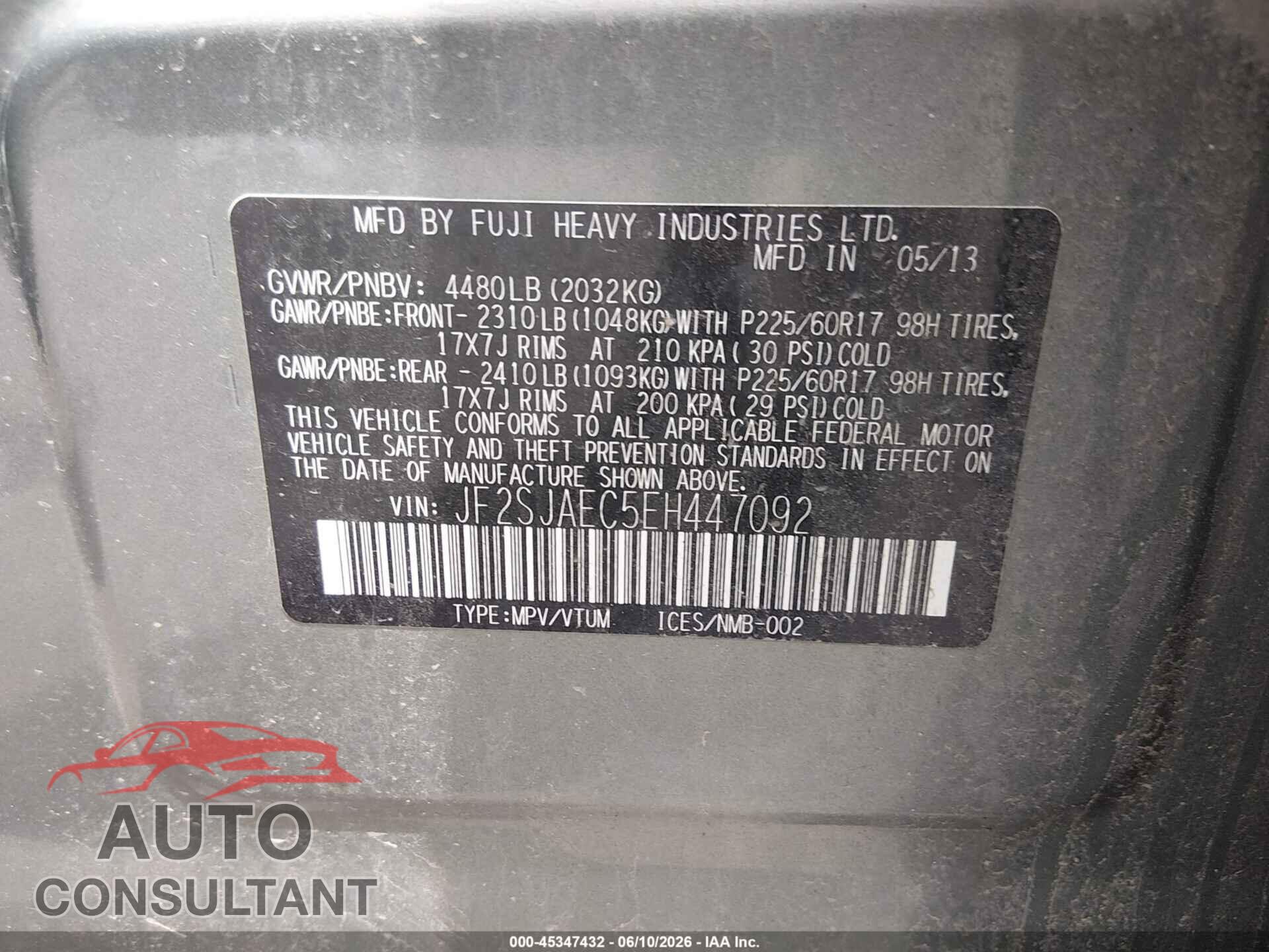 SUBARU FORESTER 2014 - JF2SJAEC5EH447092