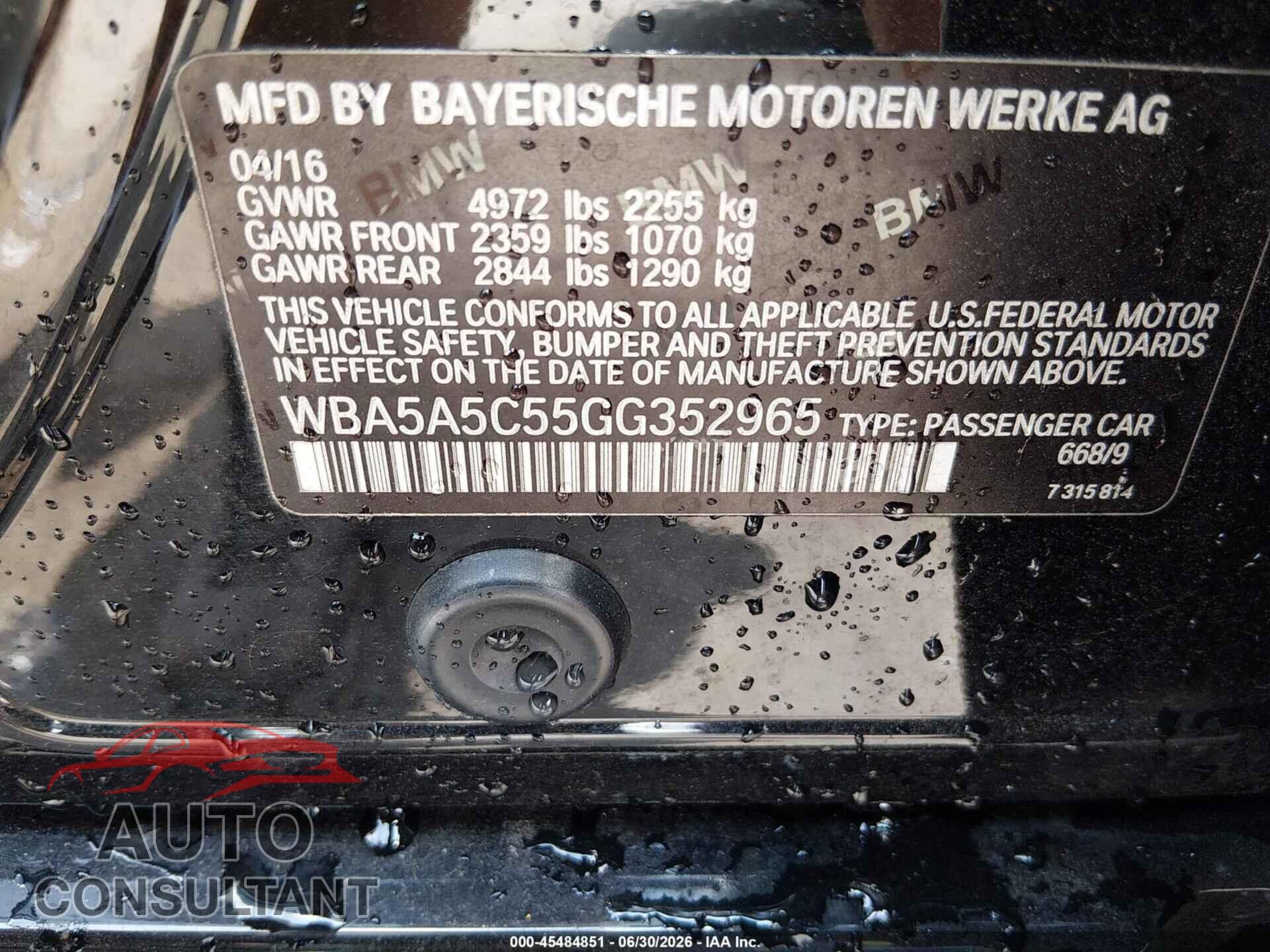 BMW 528I 2016 - WBA5A5C55GG352965