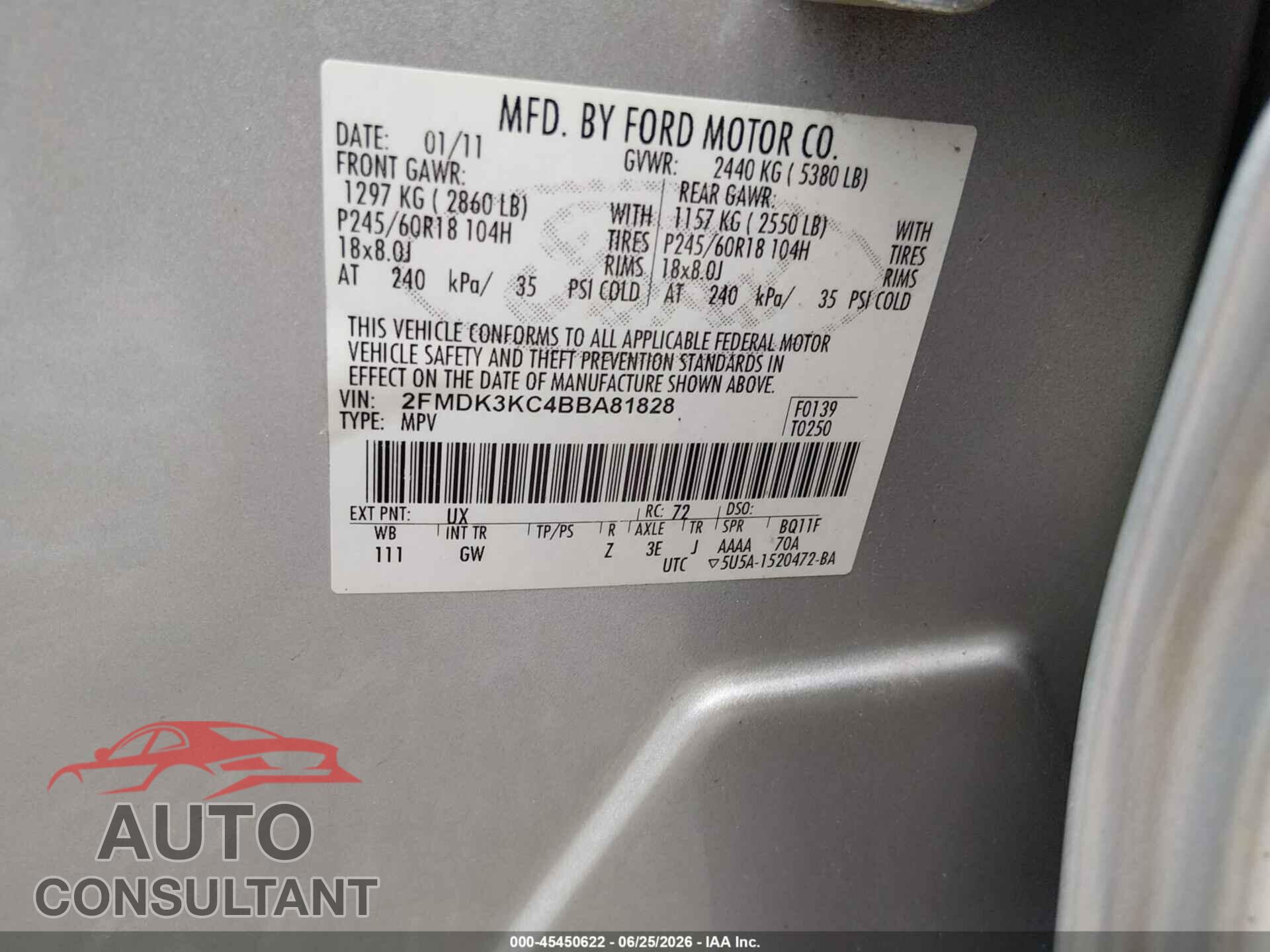 FORD EDGE 2011 - 2FMDK3KC4BBA81828