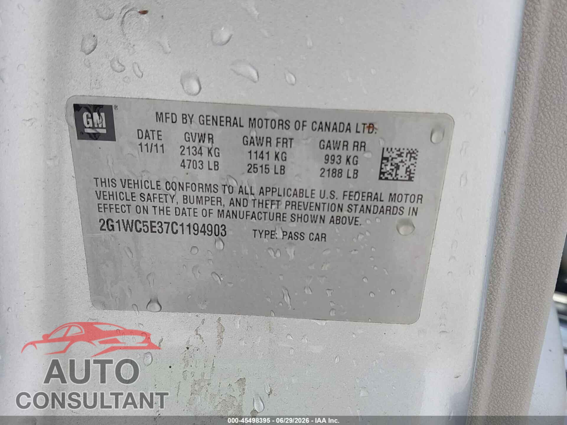 CHEVROLET IMPALA 2012 - 2G1WC5E37C1194903