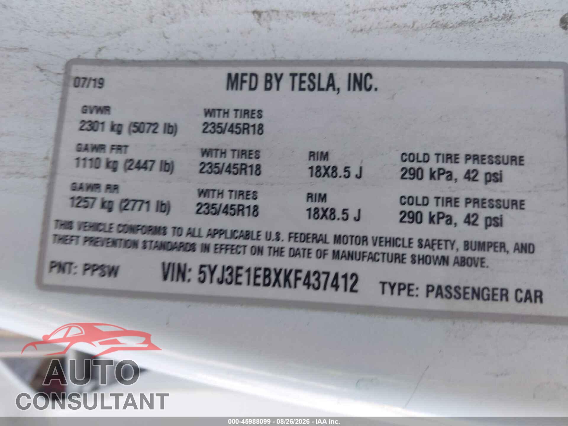 TESLA MODEL 3 2019 - 5YJ3E1EBXKF437412