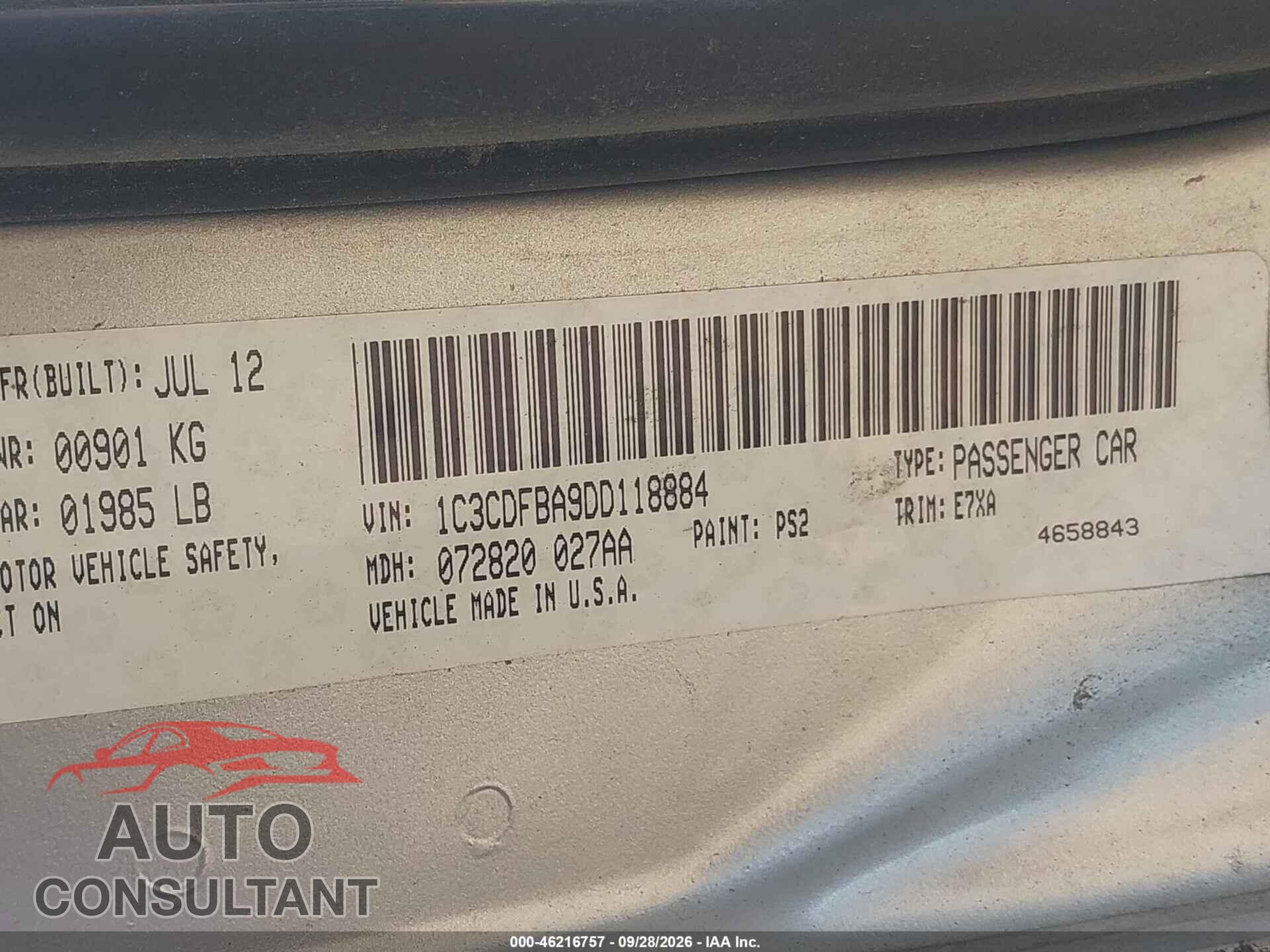 DODGE DART 2013 - 1C3CDFBA9DD118884