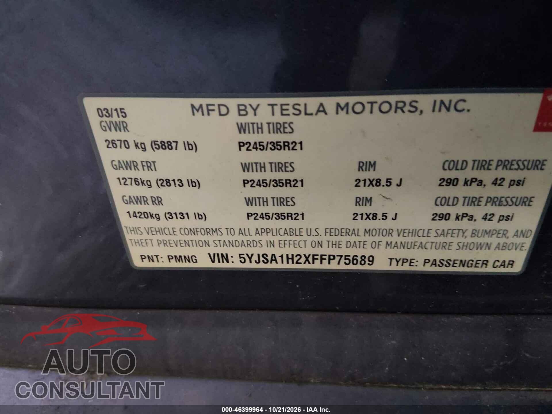 TESLA MODEL S 2015 - 5YJSA1H2XFFP75689