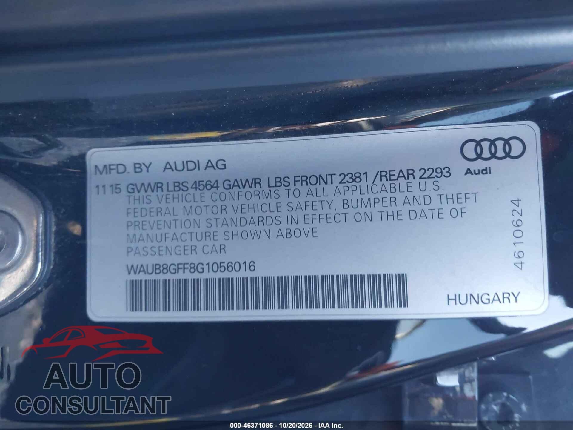 AUDI A3 2016 - WAUB8GFF8G1056016