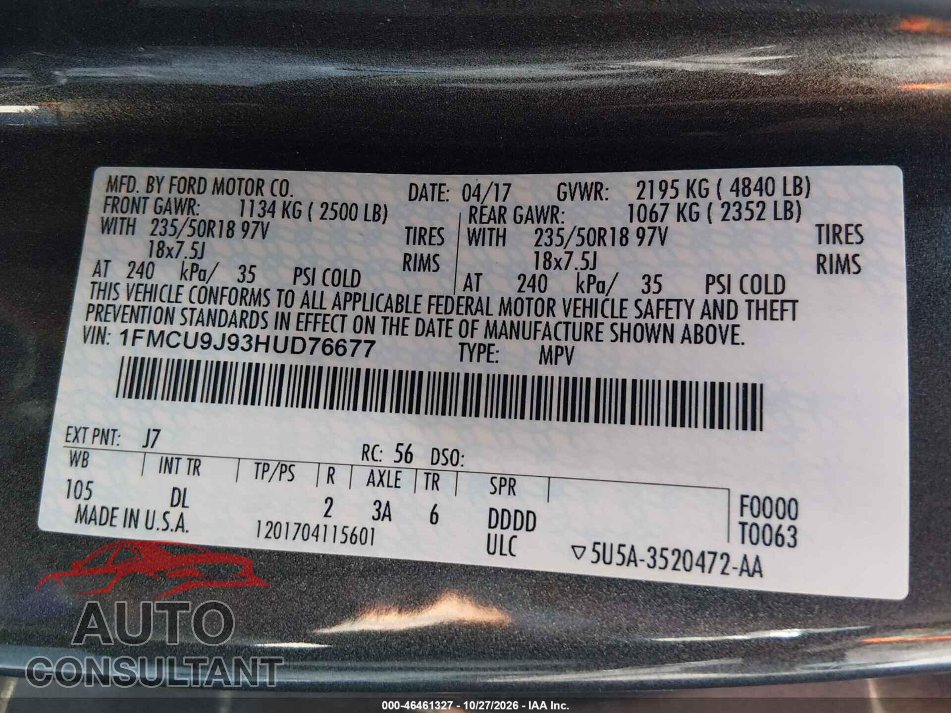 FORD ESCAPE 2017 - 1FMCU9J93HUD76677