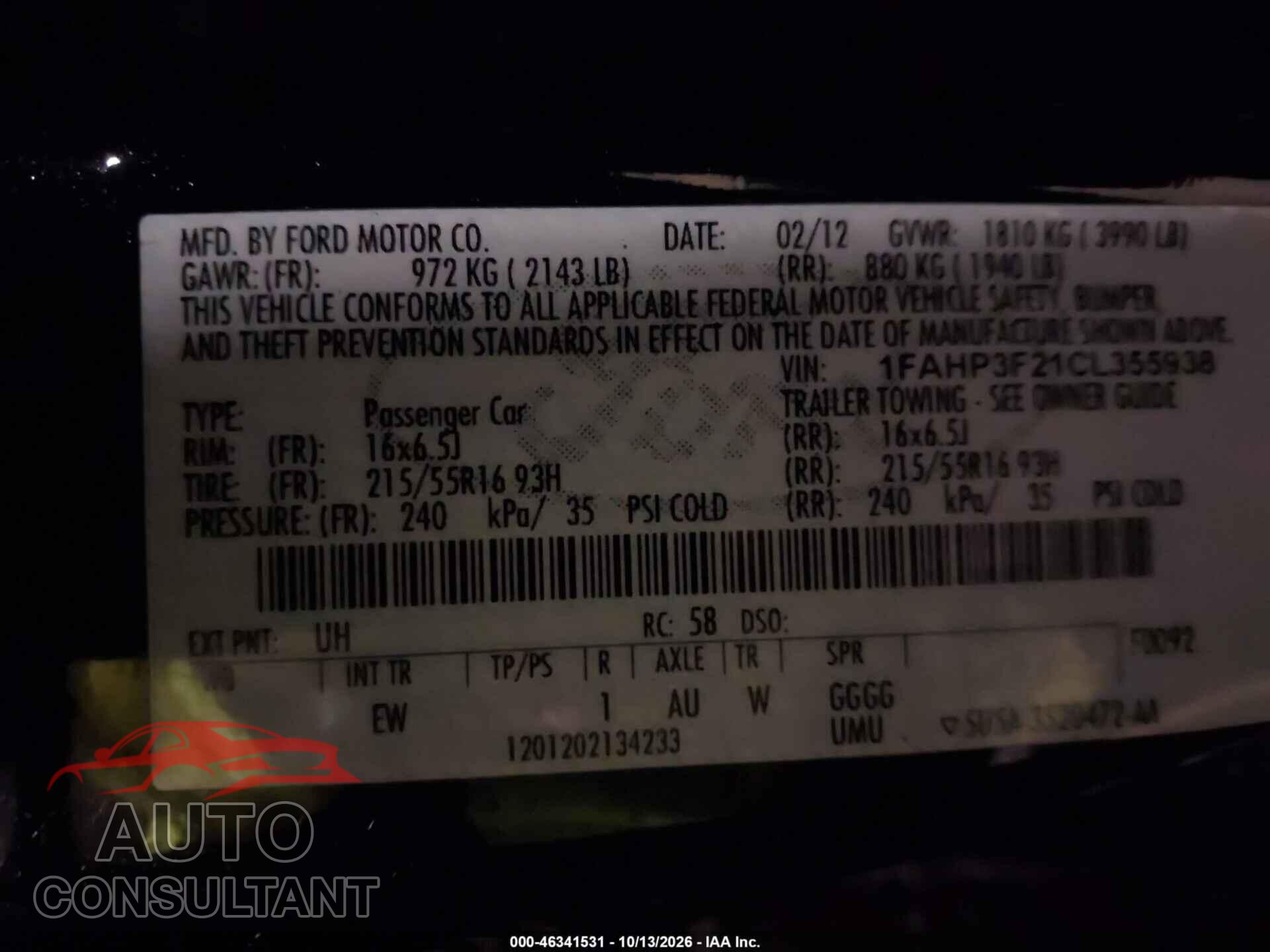 FORD FOCUS 2012 - 1FAHP3F21CL355938