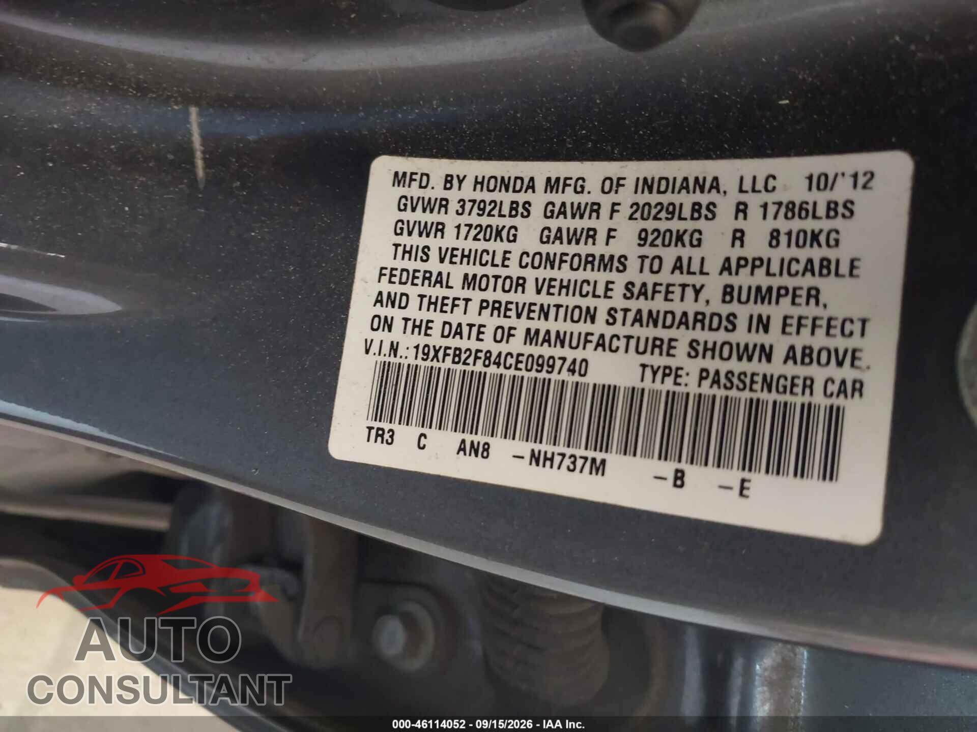 HONDA CIVIC 2012 - 19XFB2F84CE099740