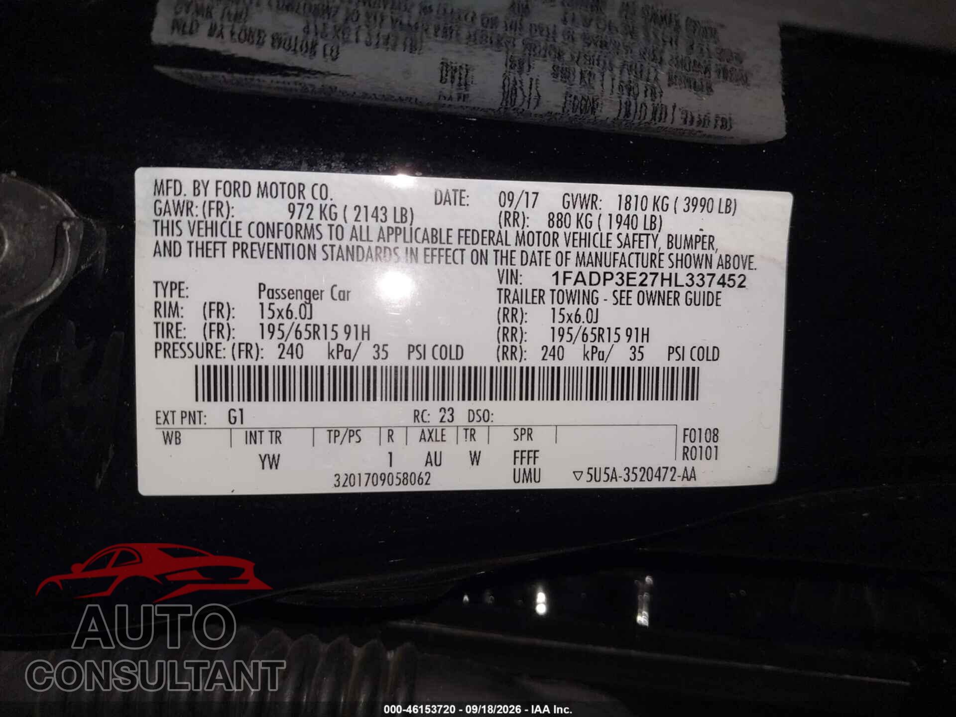 FORD FOCUS 2017 - 1FADP3E27HL337452