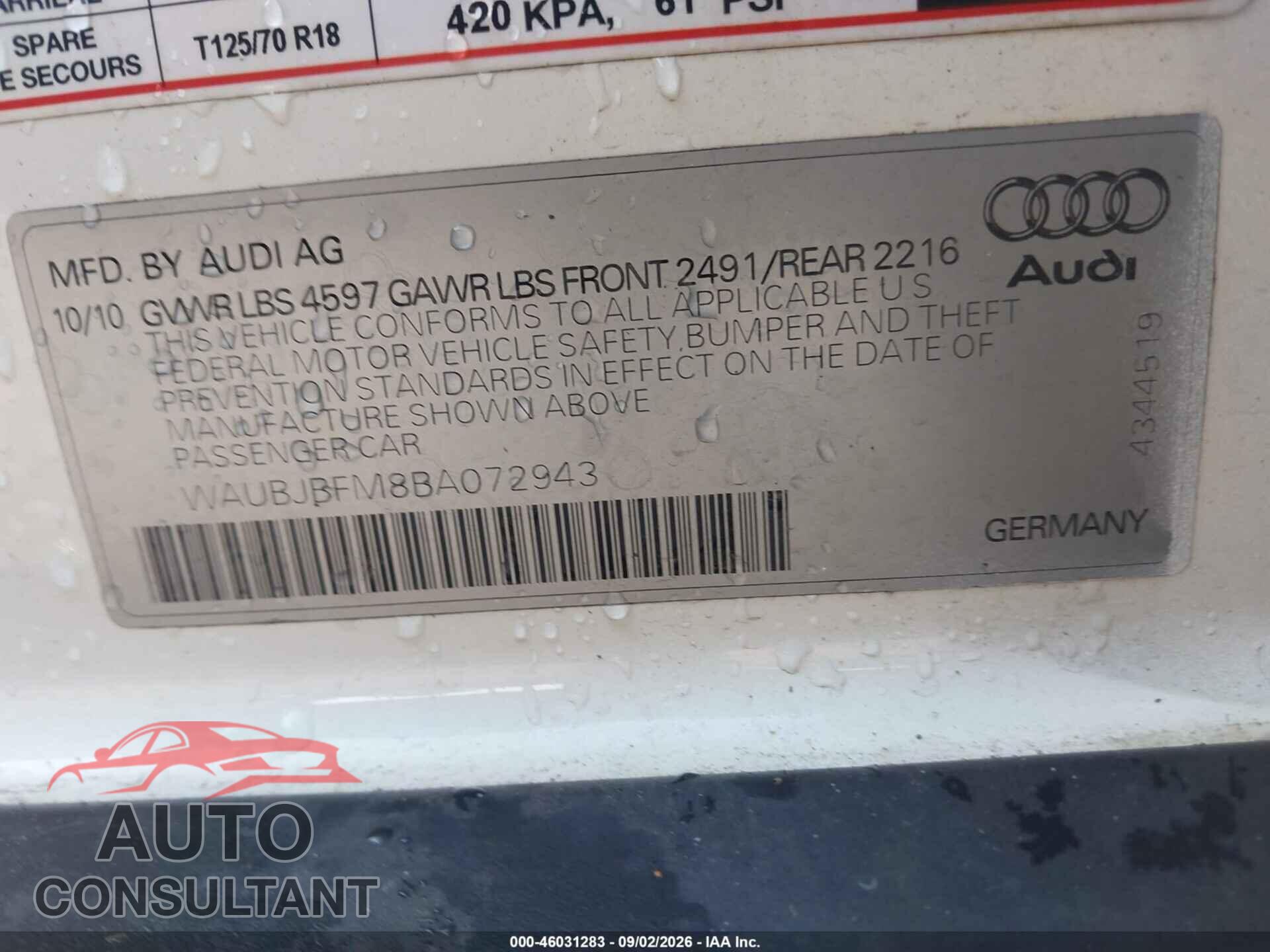 AUDI A3 2011 - WAUBJBFM8BA072943