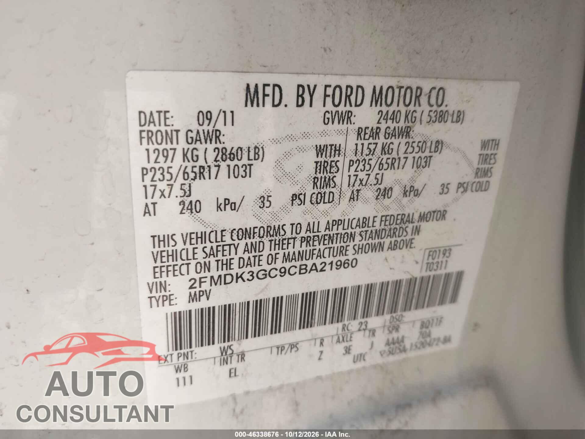 FORD EDGE 2012 - 2FMDK3GC9CBA21960