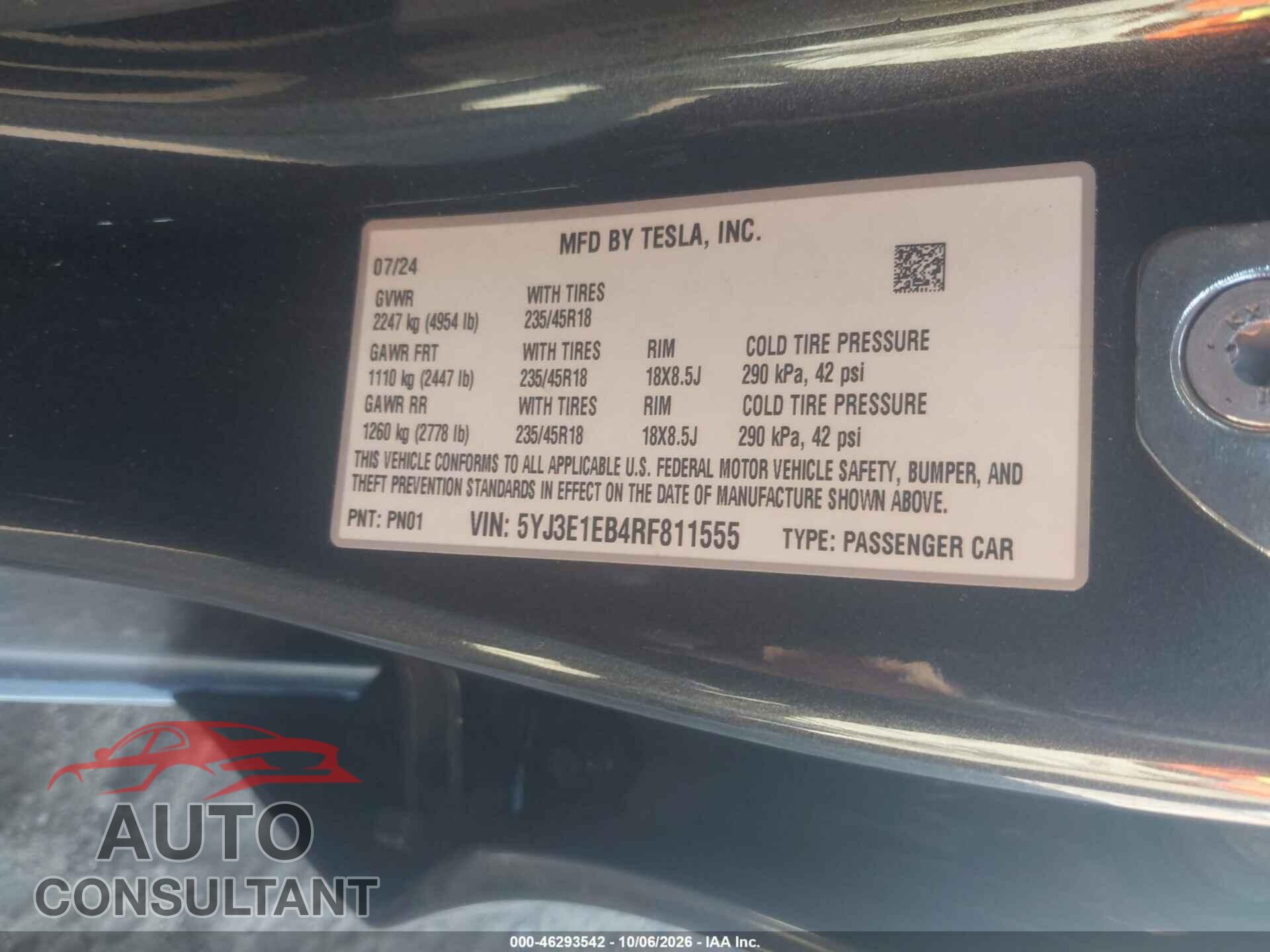 TESLA MODEL 3 2024 - 5YJ3E1EB4RF811555