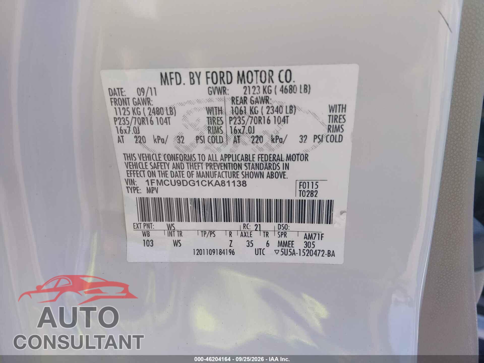 FORD ESCAPE 2012 - 1FMCU9DG1CKA81138