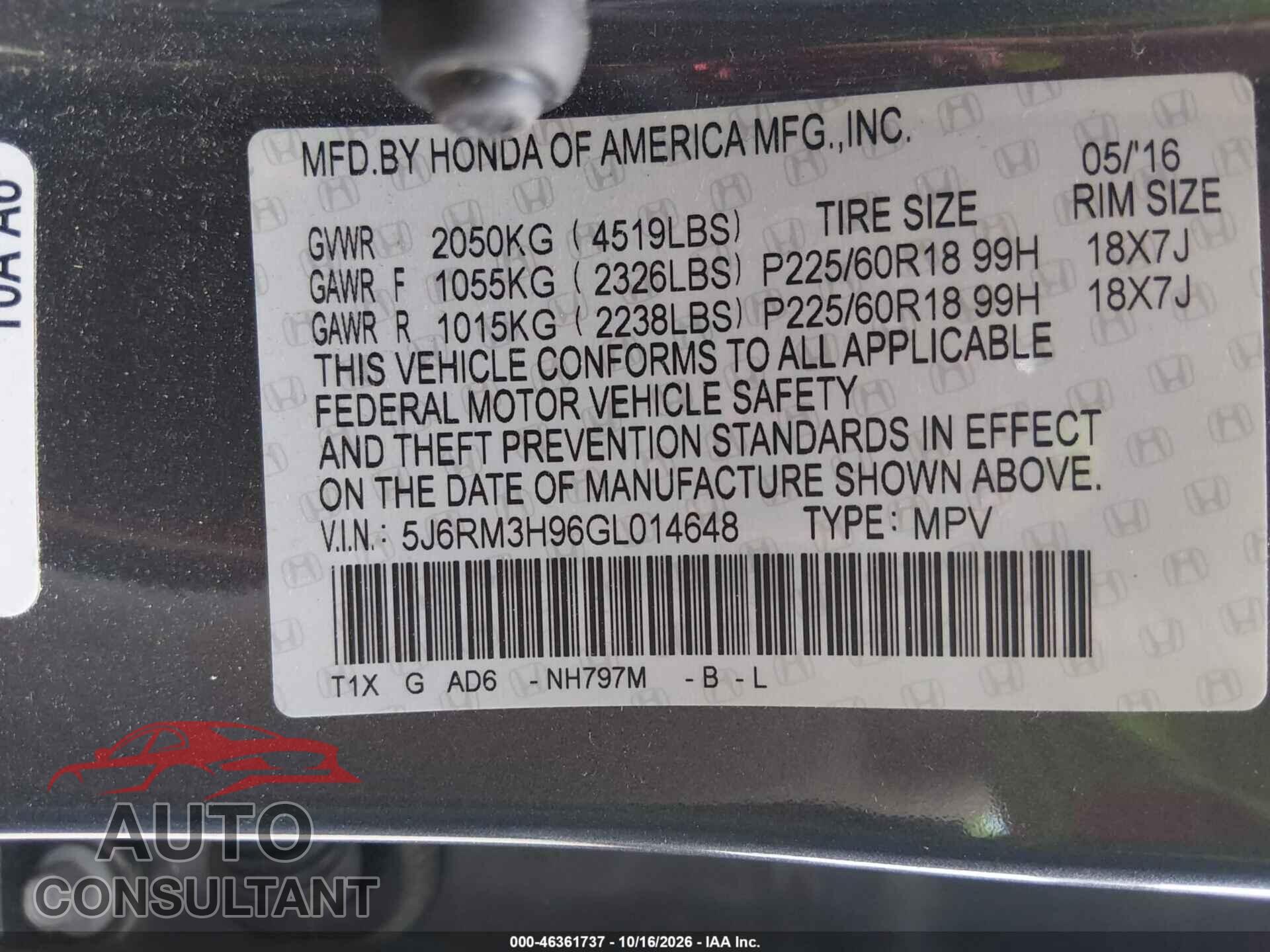 HONDA CR-V 2016 - 5J6RM3H96GL014648