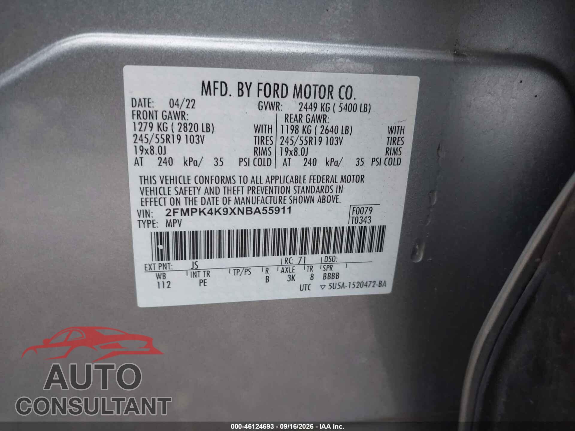 FORD EDGE 2022 - 2FMPK4K9XNBA55911