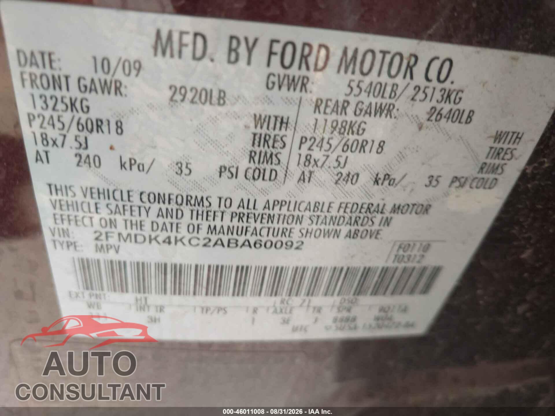 FORD EDGE 2010 - 2FMDK4KC2ABA60092