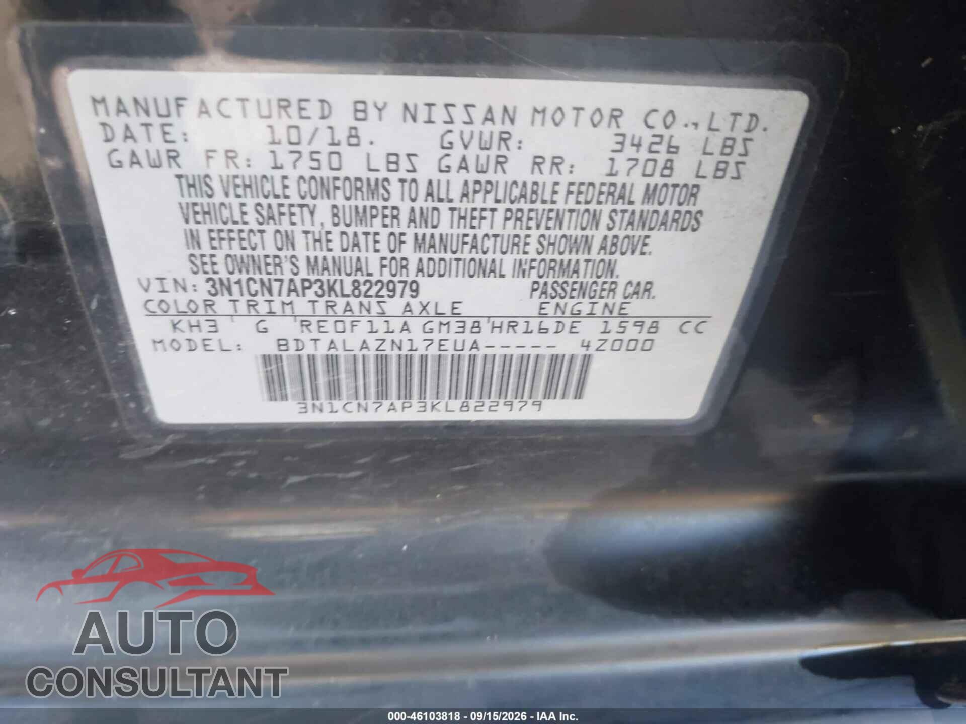 NISSAN VERSA 2019 - 3N1CN7AP3KL822979