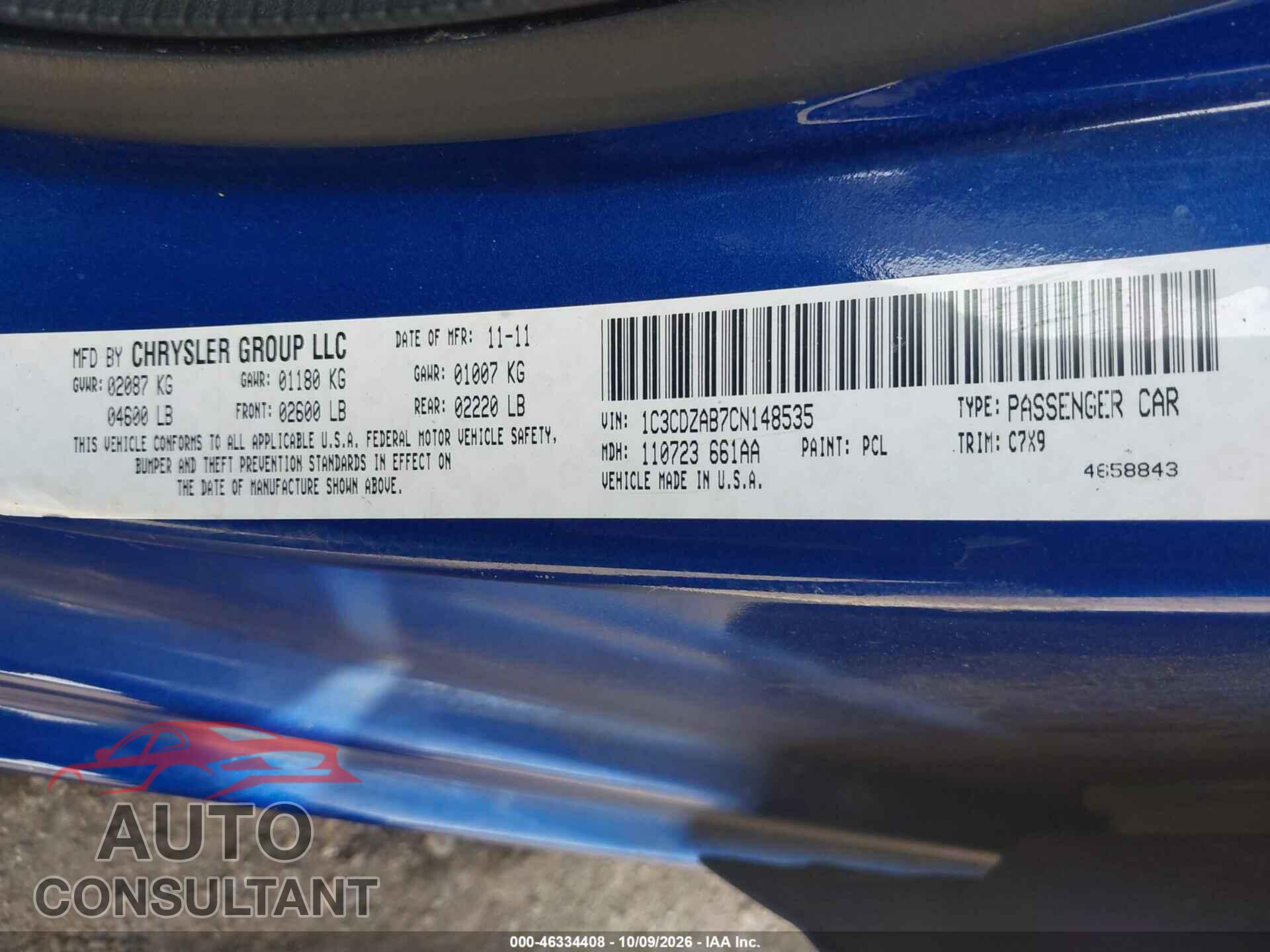 DODGE AVENGER 2012 - 1C3CDZAB7CN148535
