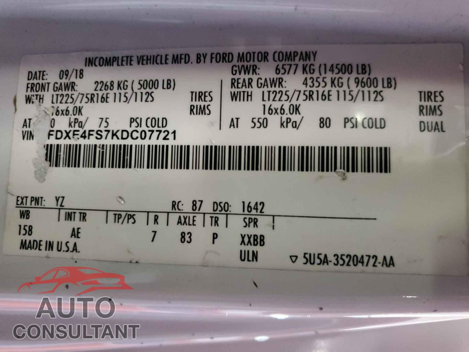 FORD E-450 CUTAWAY 2019 - 1FDXE4FS7KDC07721