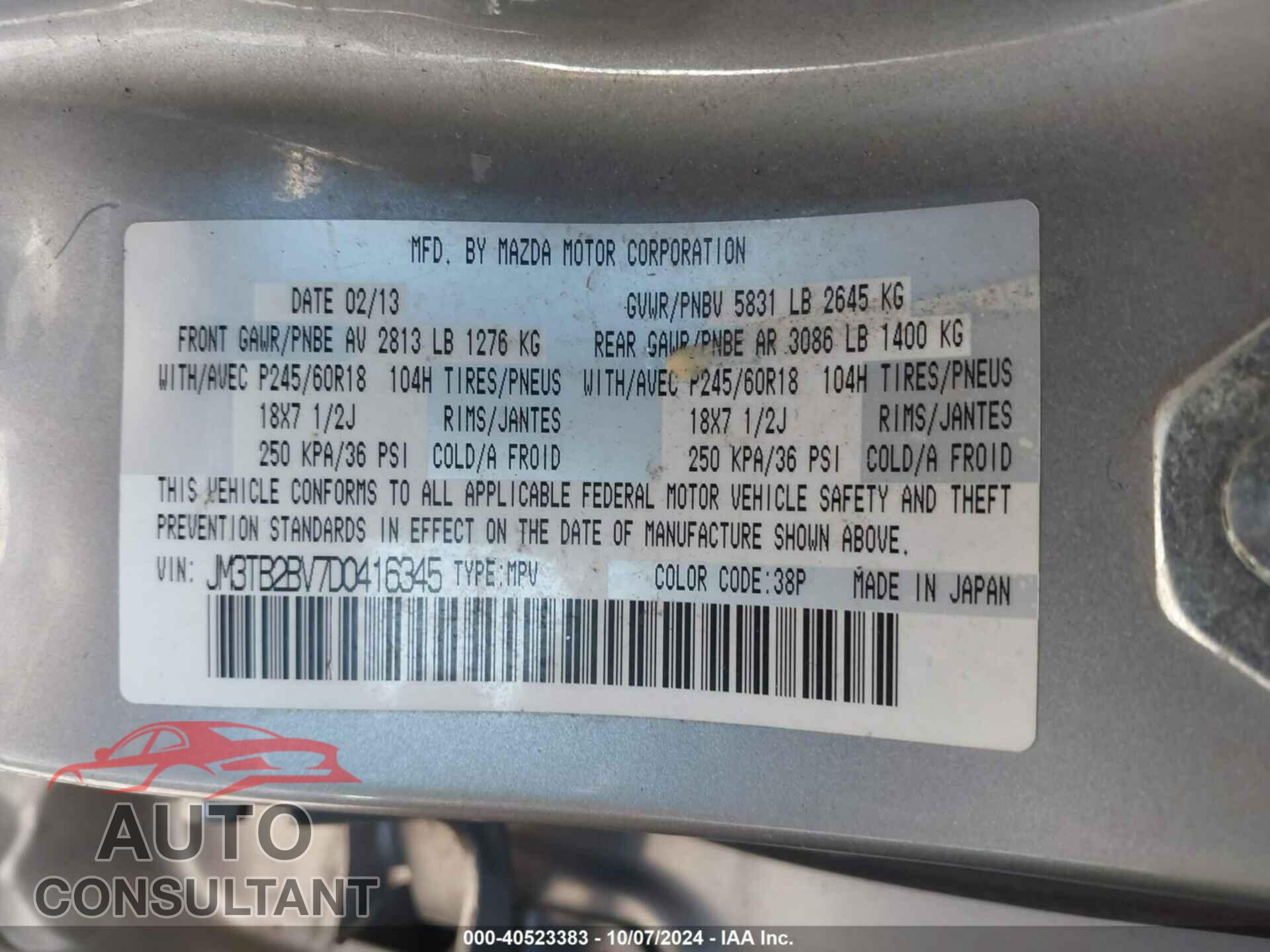 MAZDA CX-9 2013 - JM3TB2BV7D0416345