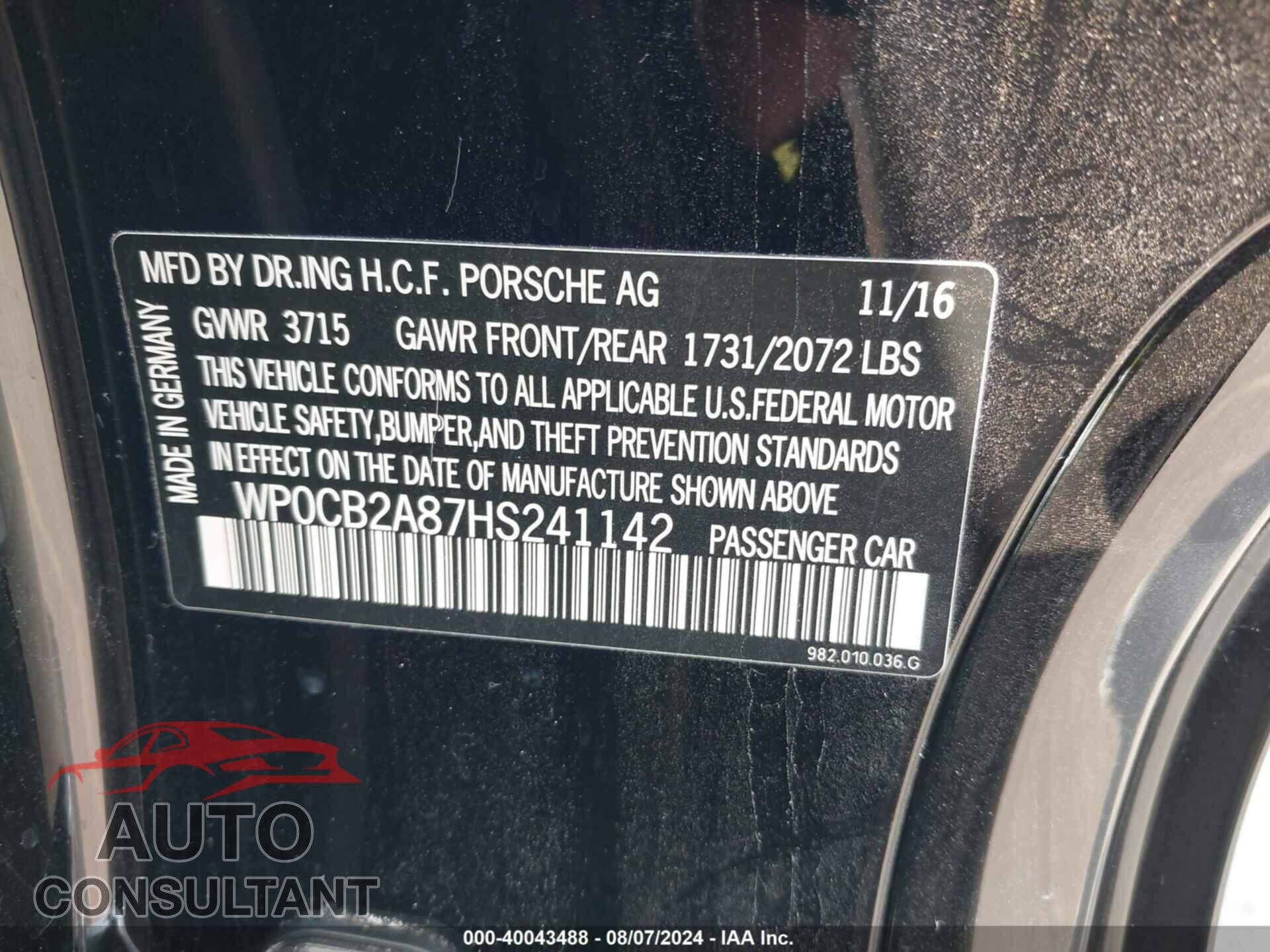 PORSCHE 718 BOXSTER 2017 - WP0CB2A87HS241142
