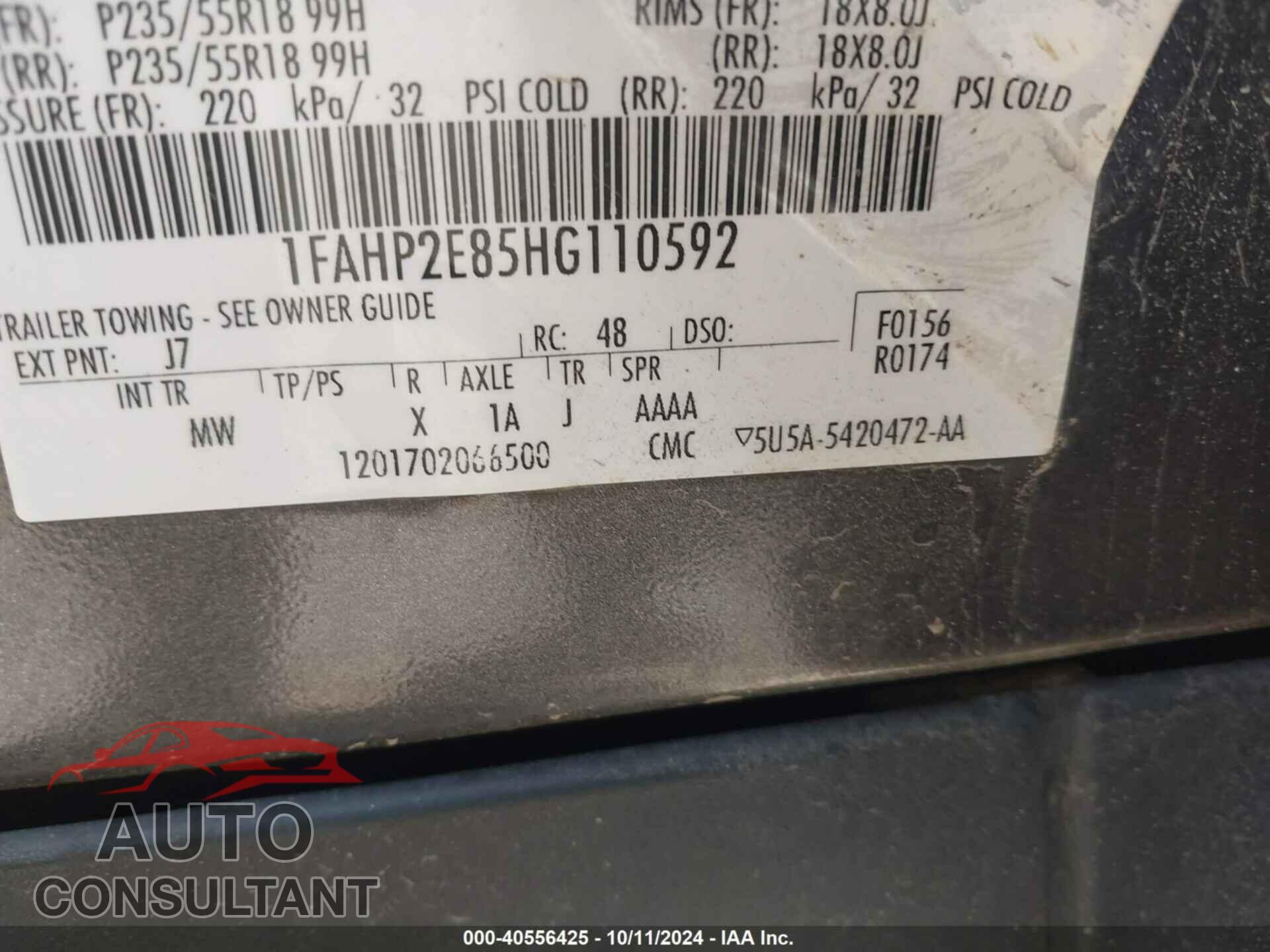 FORD TAURUS 2017 - 1FAHP2E85HG110592