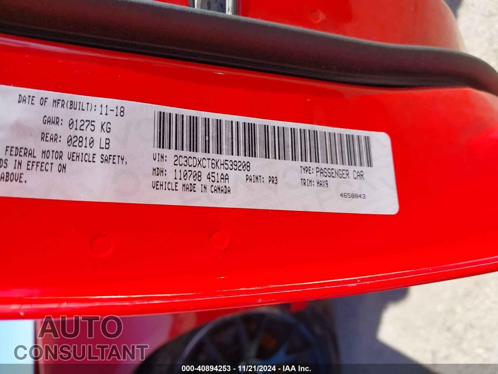 DODGE CHARGER 2019 - 2C3CDXCT6KH539208