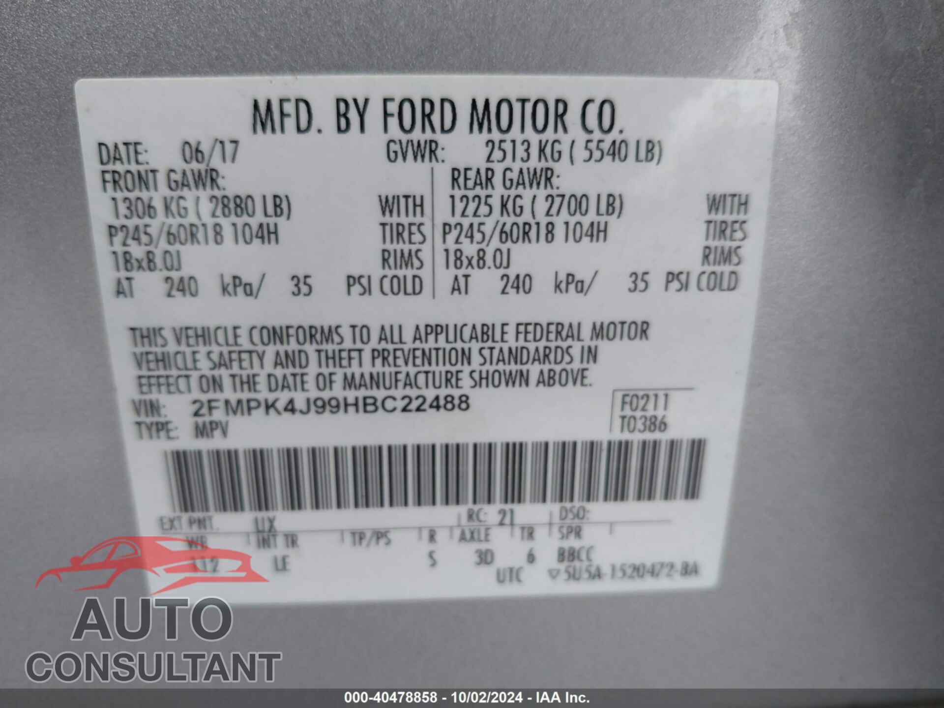 FORD EDGE 2017 - 2FMPK4J99HBC22488