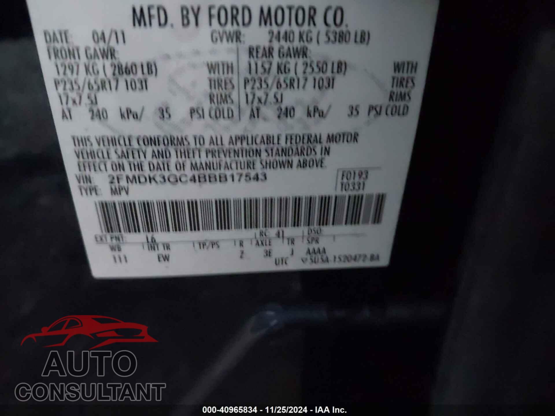 FORD EDGE 2011 - 2FMDK3GC4BBB17543