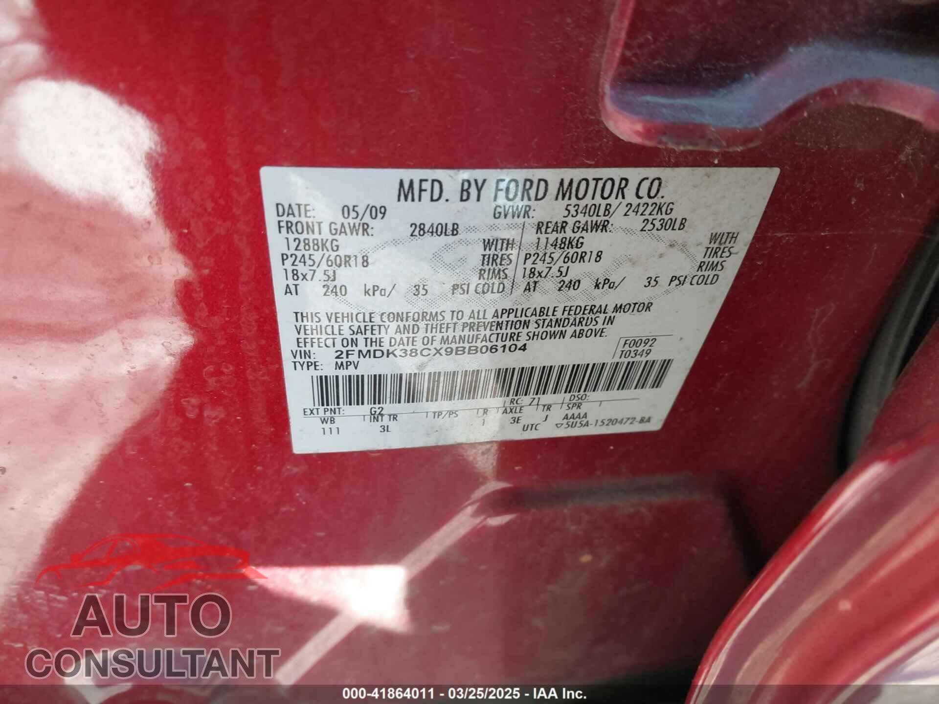 FORD EDGE 2009 - 2FMDK38CX9BB06104