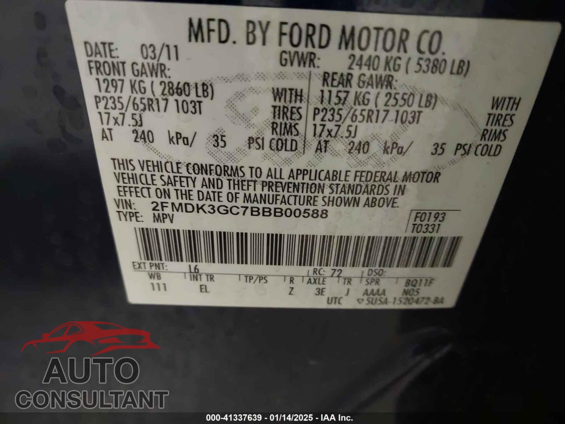 FORD EDGE 2011 - 2FMDK3GC7BBB00588