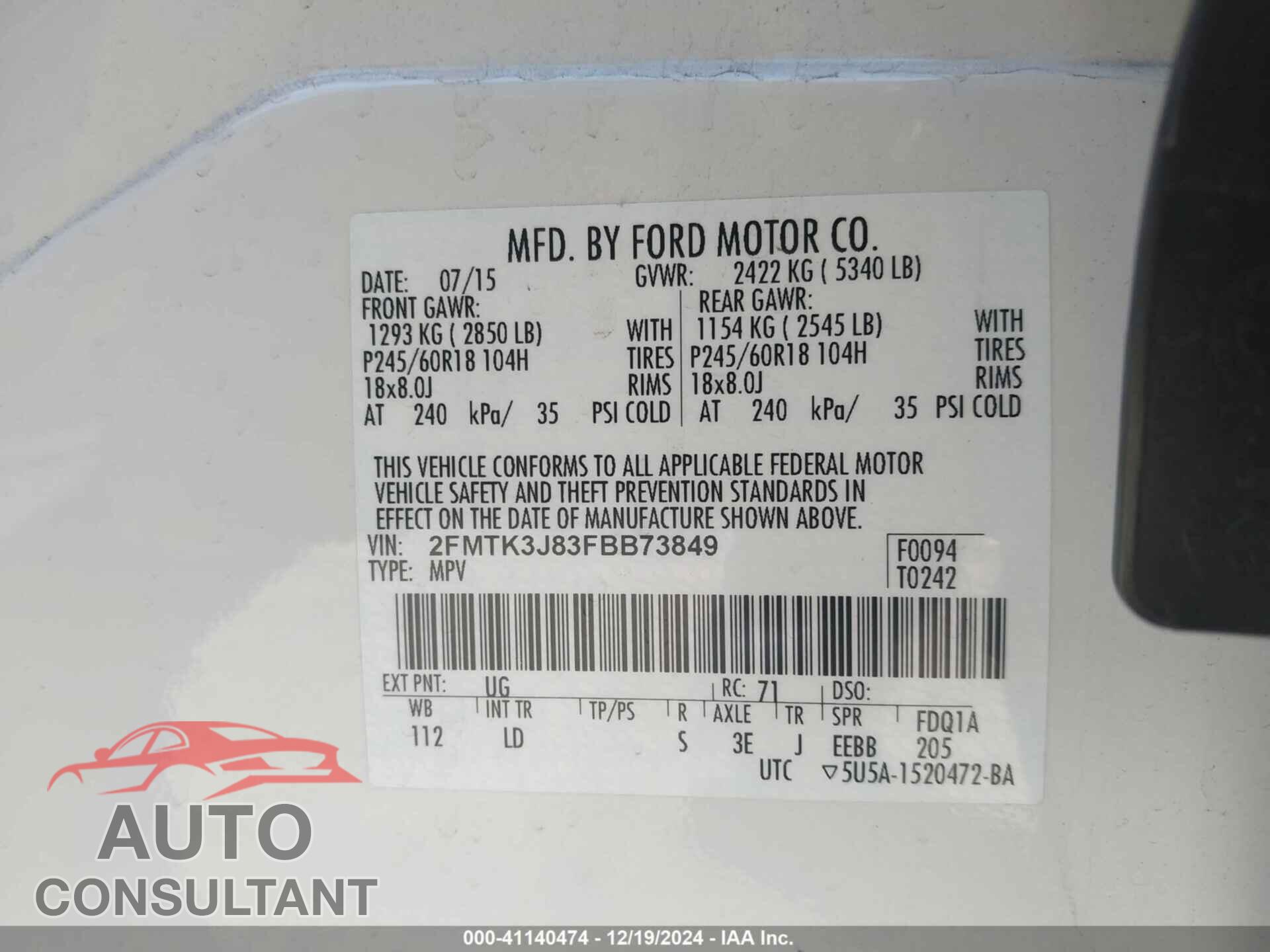 FORD EDGE 2015 - 2FMTK3J83FBB73849