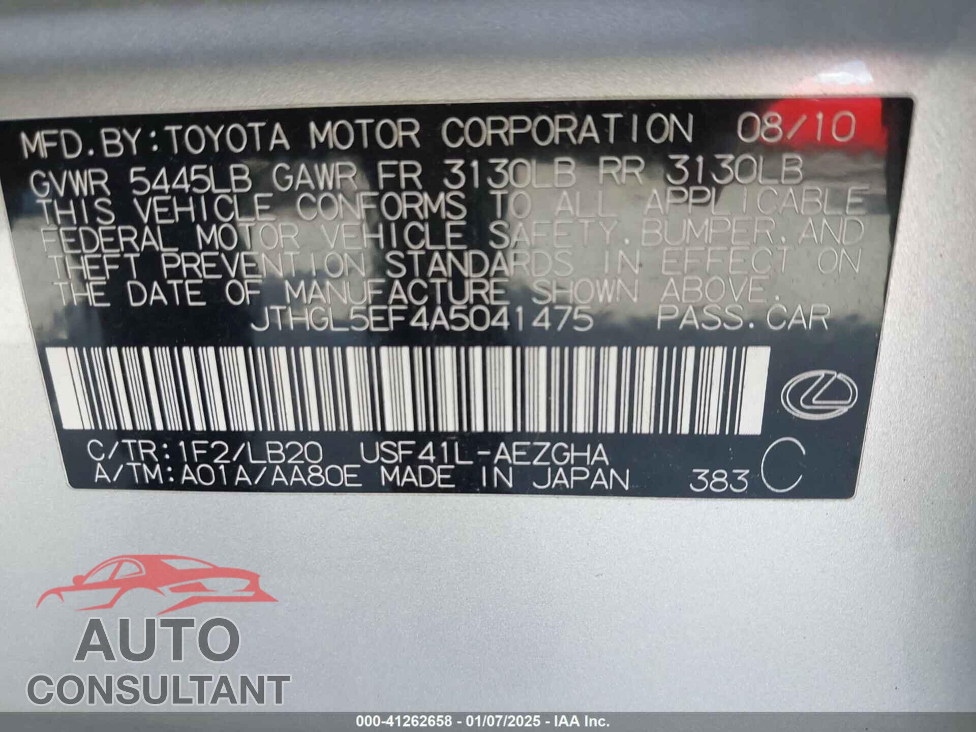 LEXUS LS 460 2010 - JTHGL5EF4A5041475