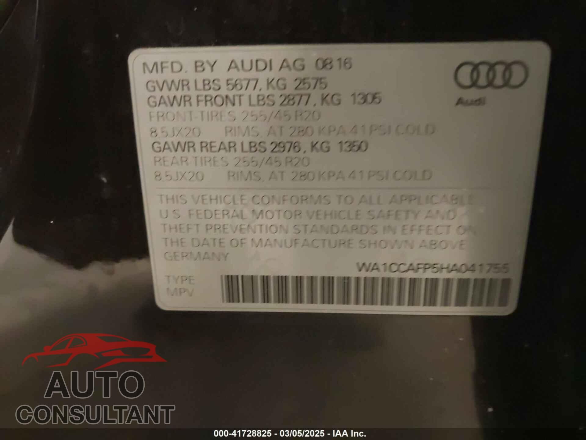 AUDI SQ5 2017 - WA1CCAFP5HA041755